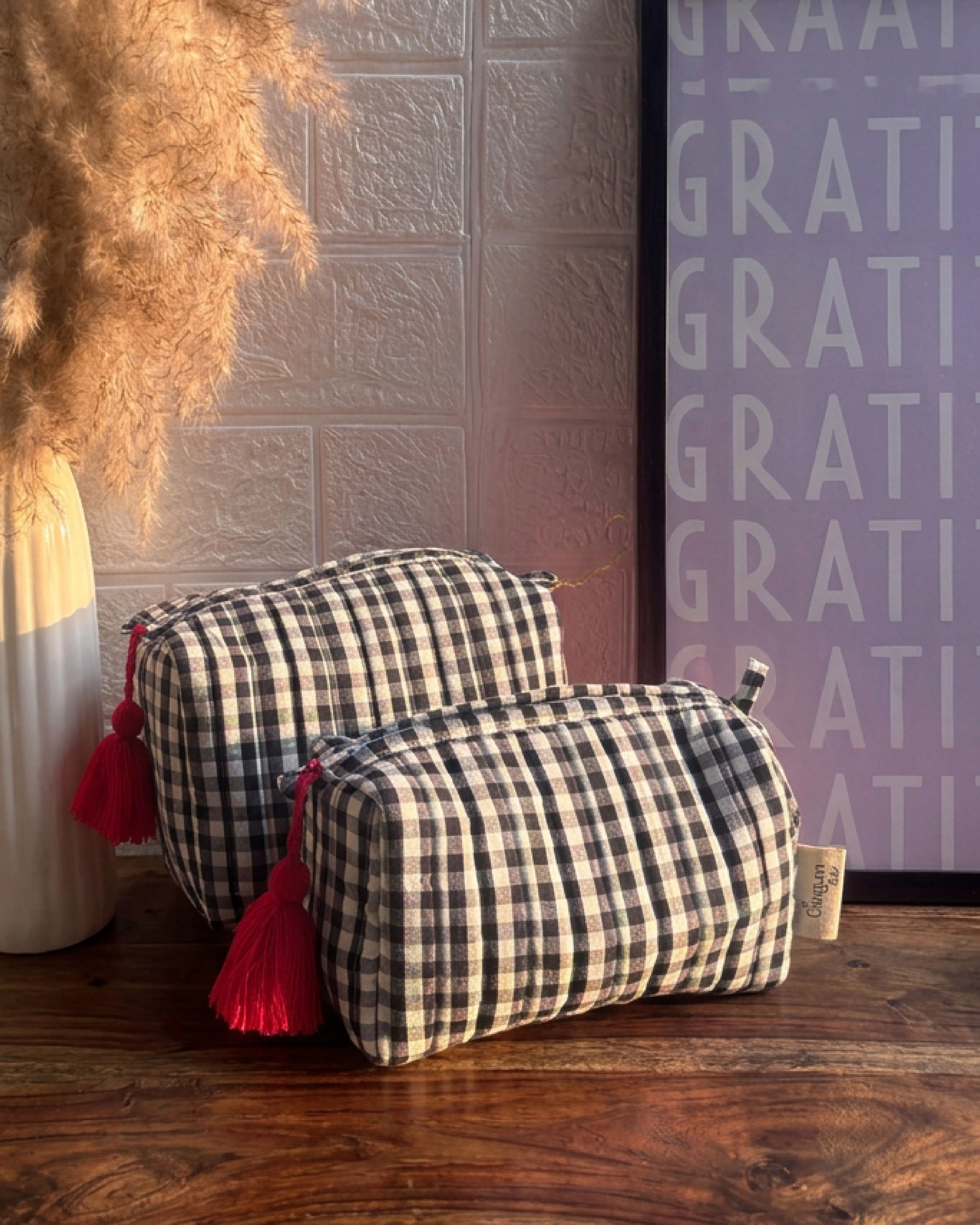 black gingham utility pouch set