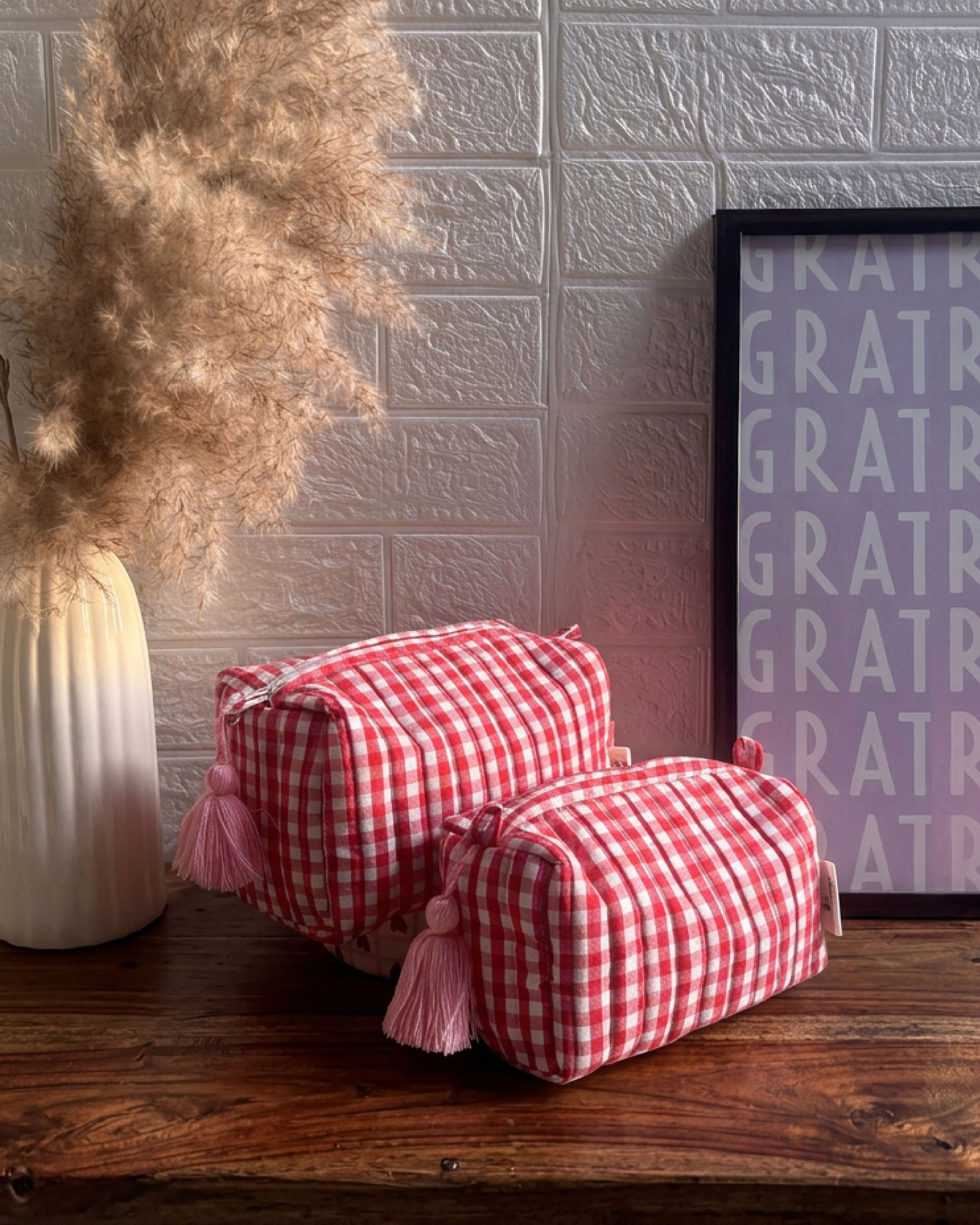 red gingham utility pouch combo