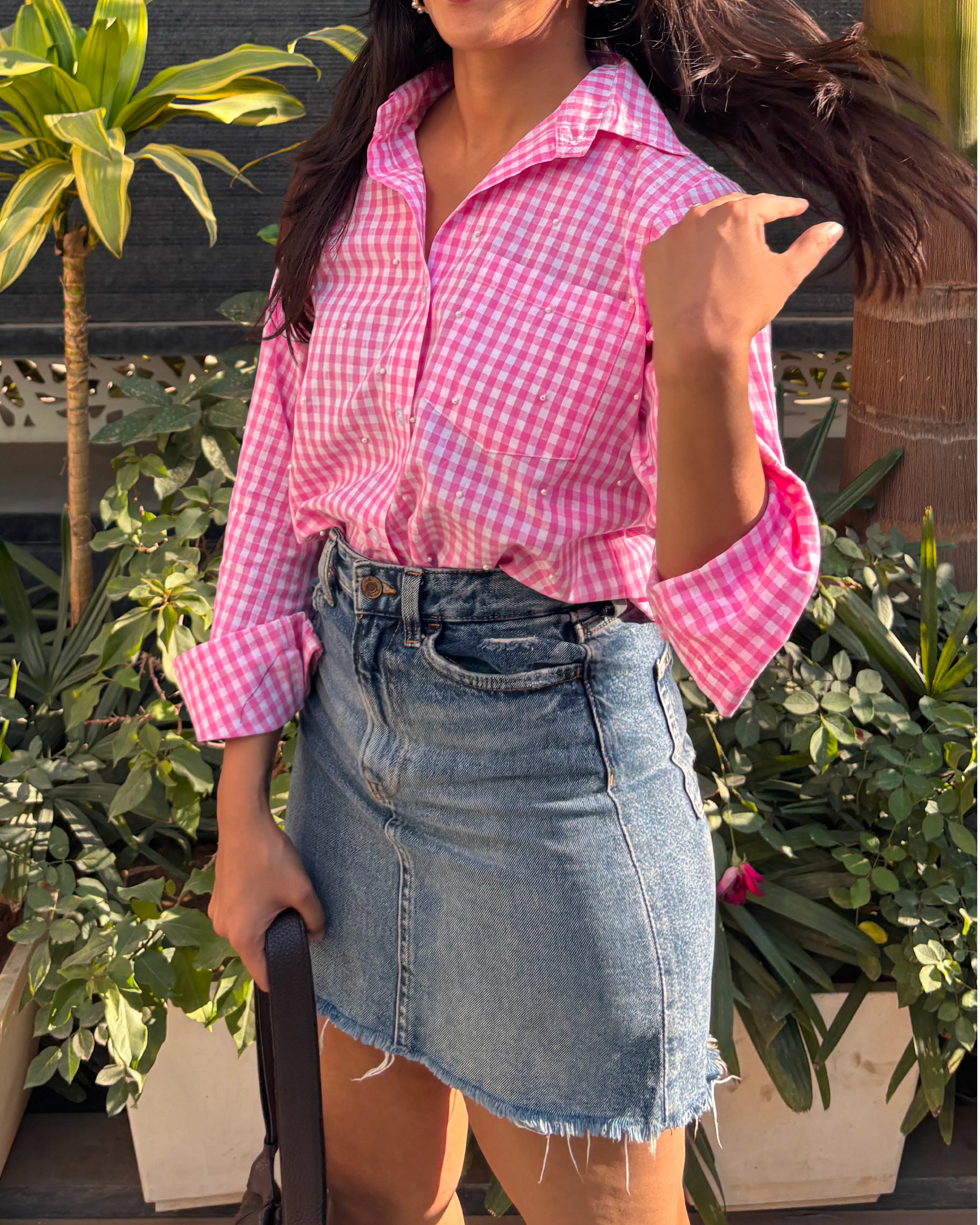 pink pearl gingham shirt 