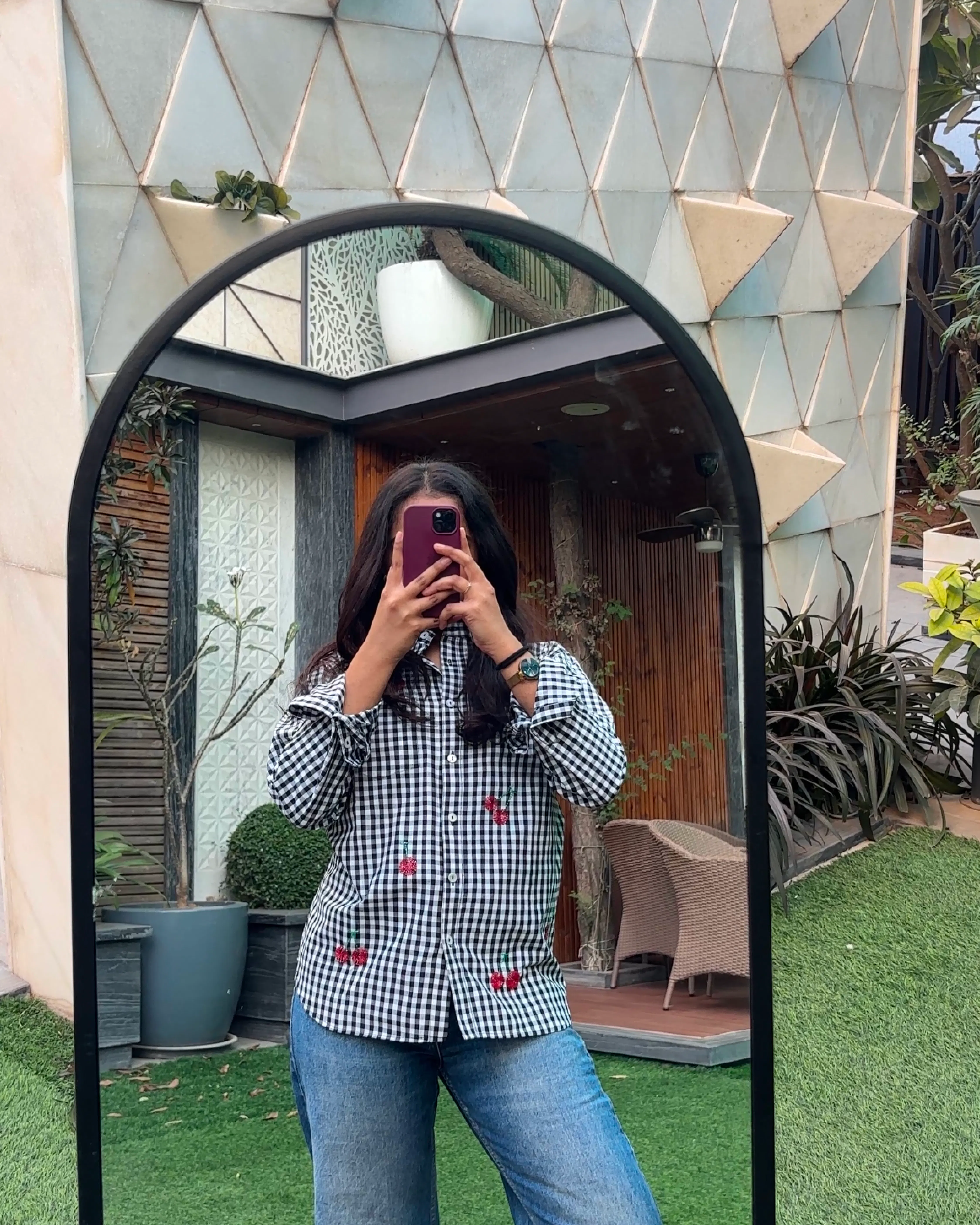 black gingham shirt for women with cherry bead embroidery 