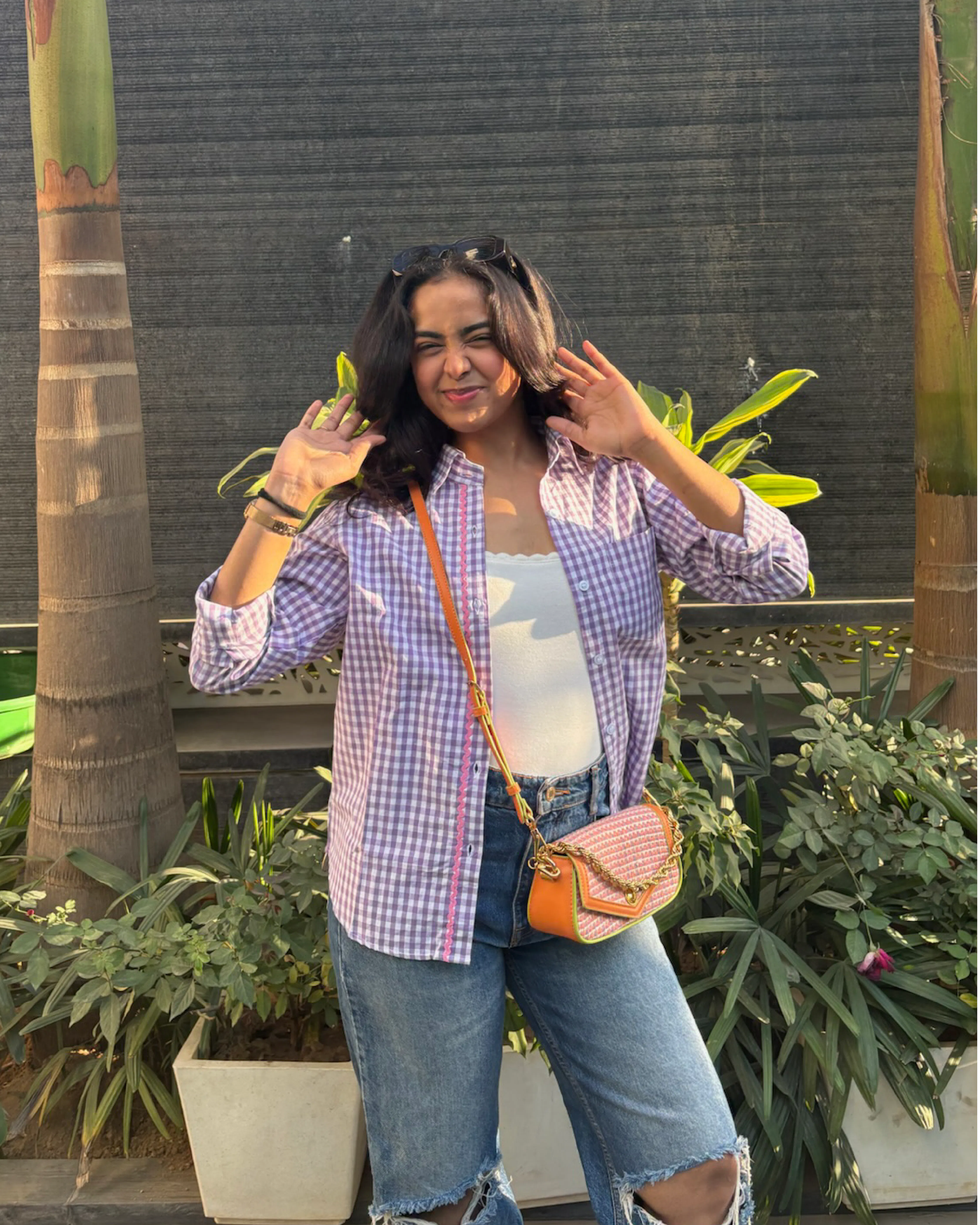  purple gingham shirt for women with lace detail