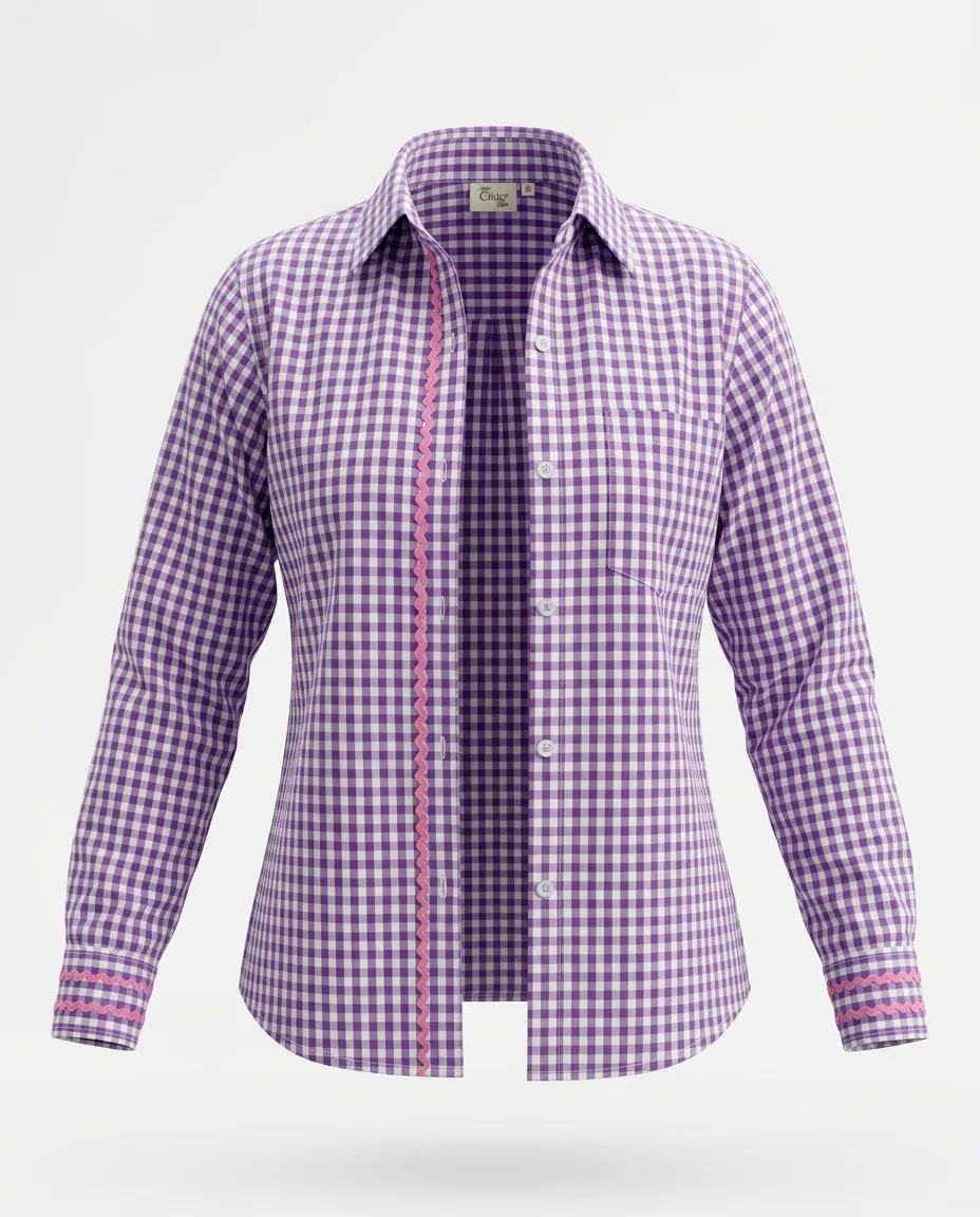  purple gingham shirt for women with lace detail thumbnail 6