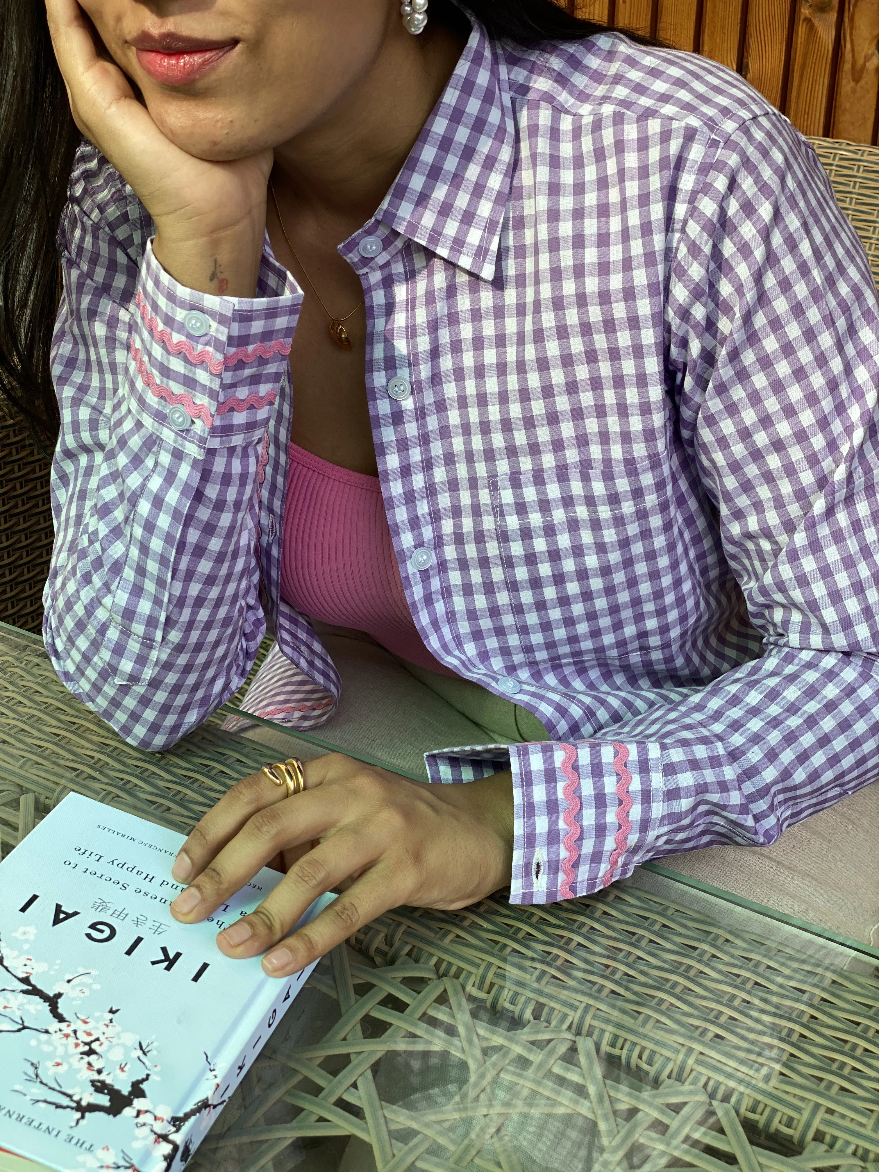  purple gingham shirt for women with lace detail thumbnail 2