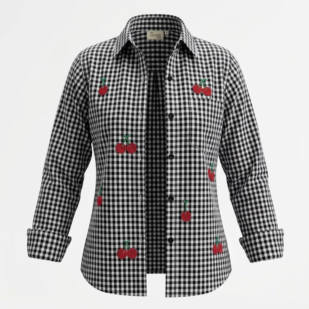 black gingham shirt for women with cherry bead embroidery  thumbnail 4