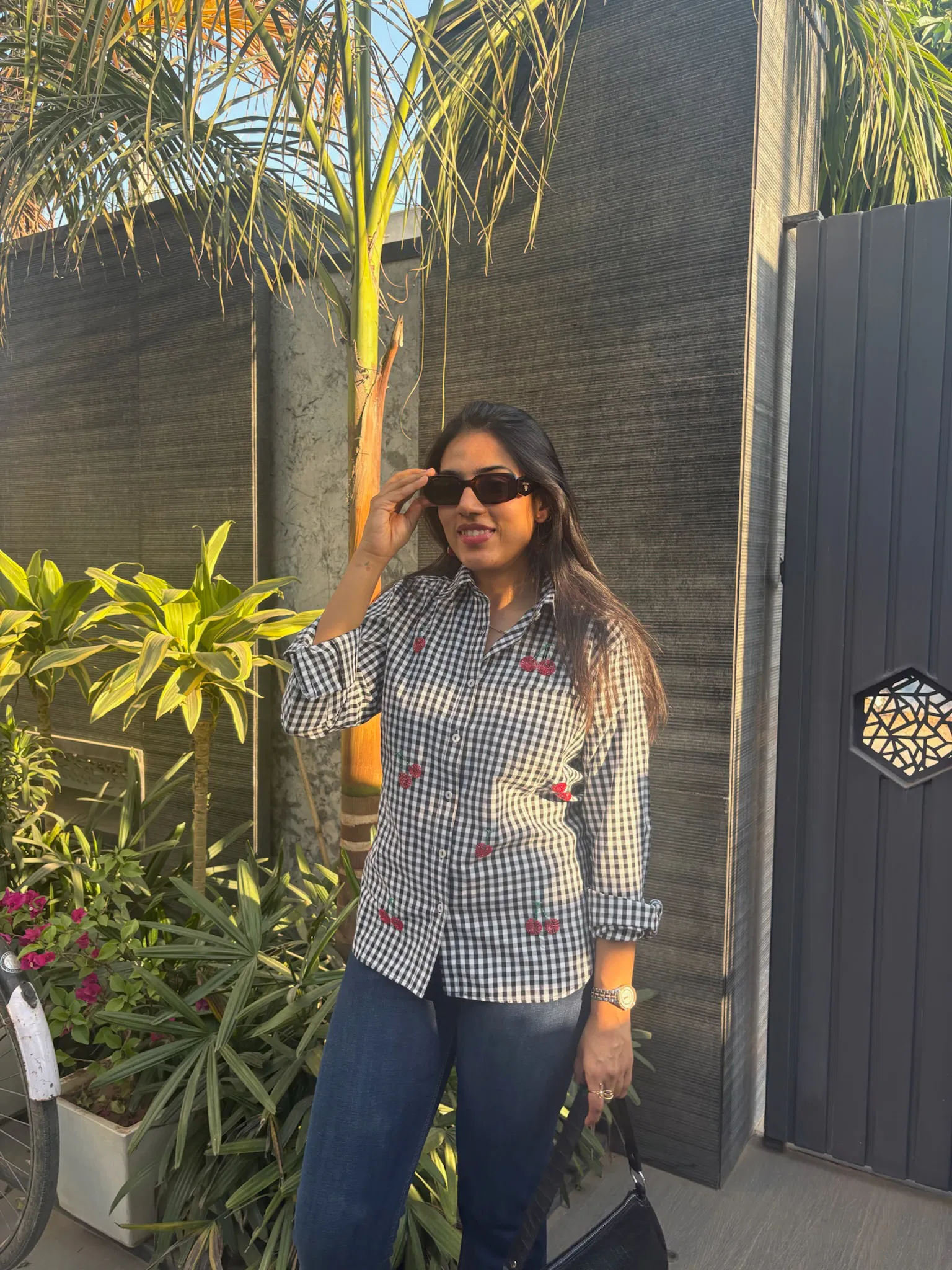 black gingham shirt for women with cherry bead embroidery  thumbnail 3
