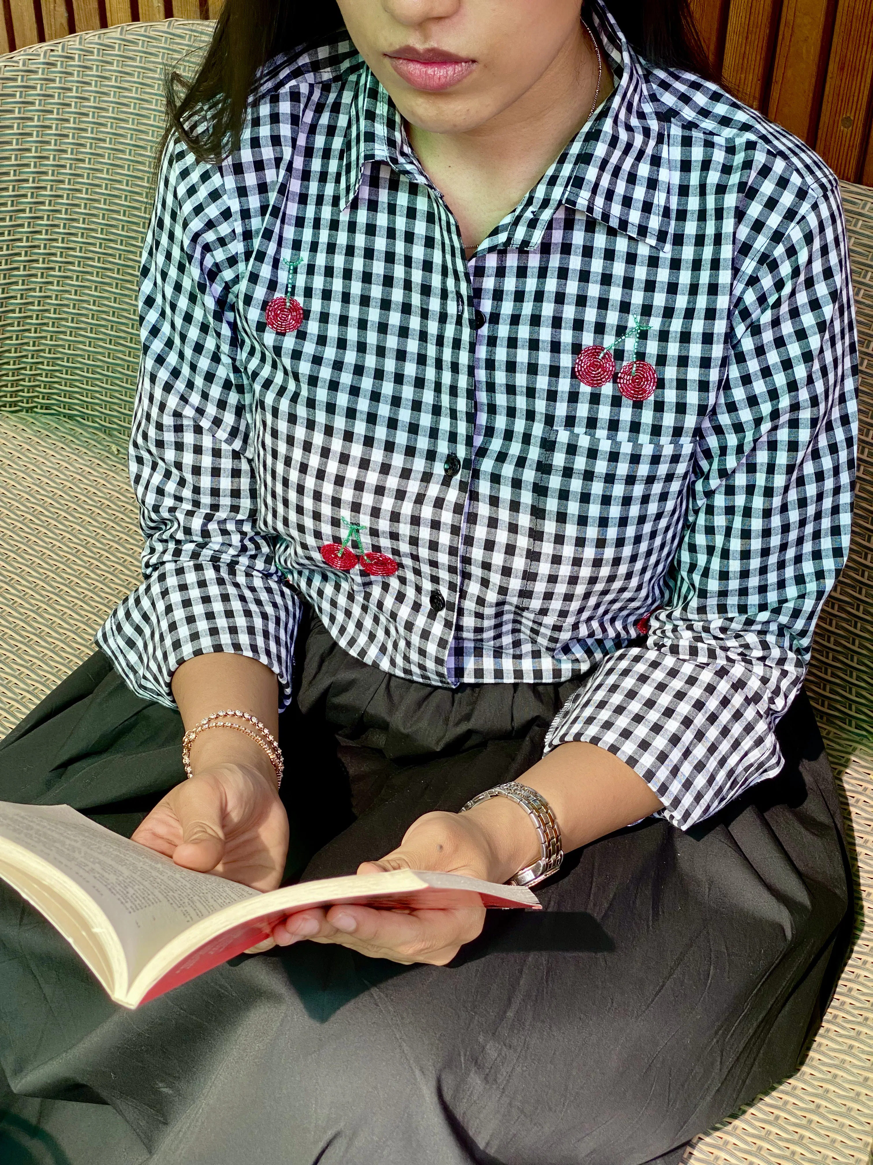black gingham shirt for women with cherry bead embroidery  thumbnail 2