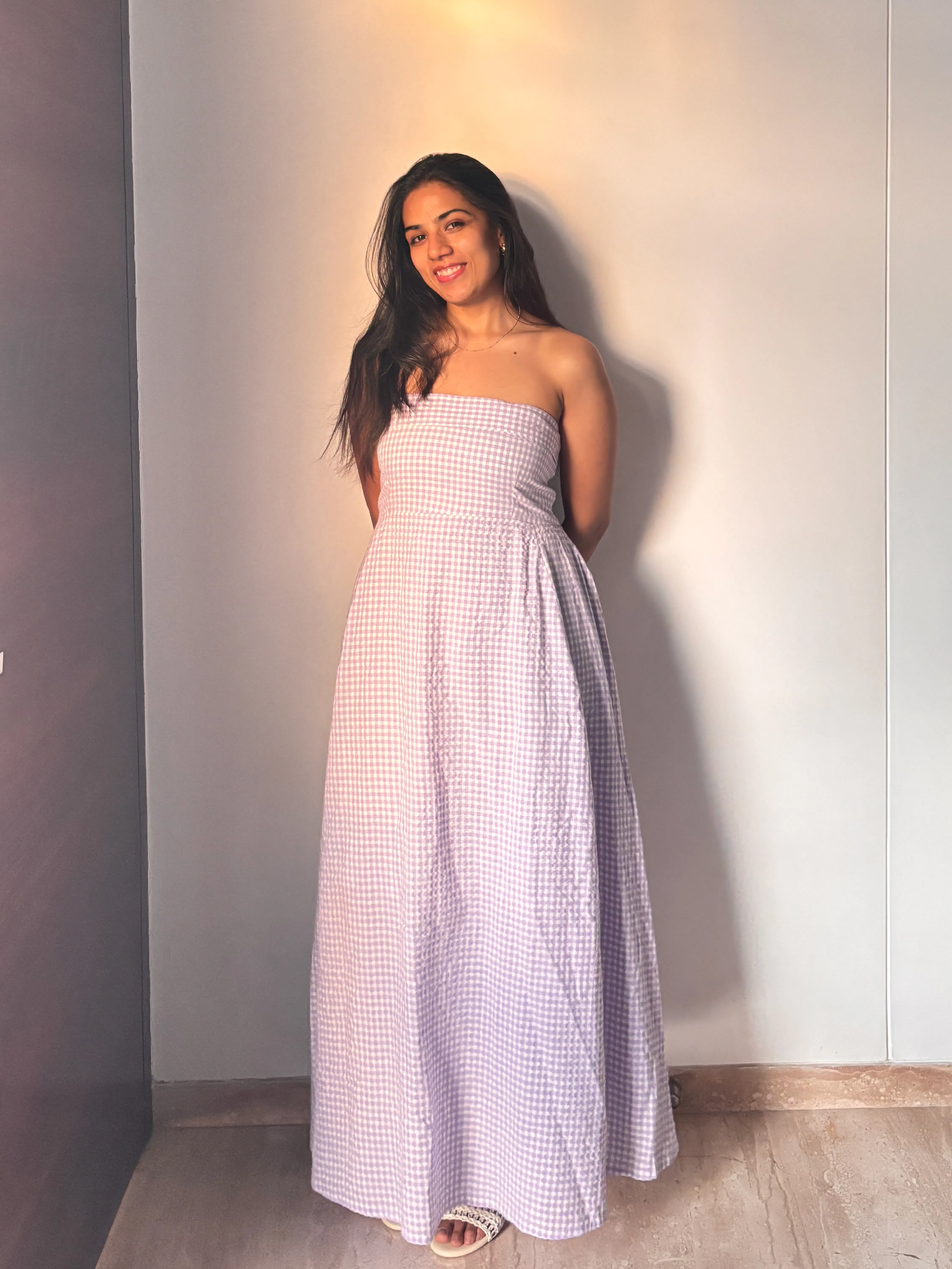 lilac gingham tube dress