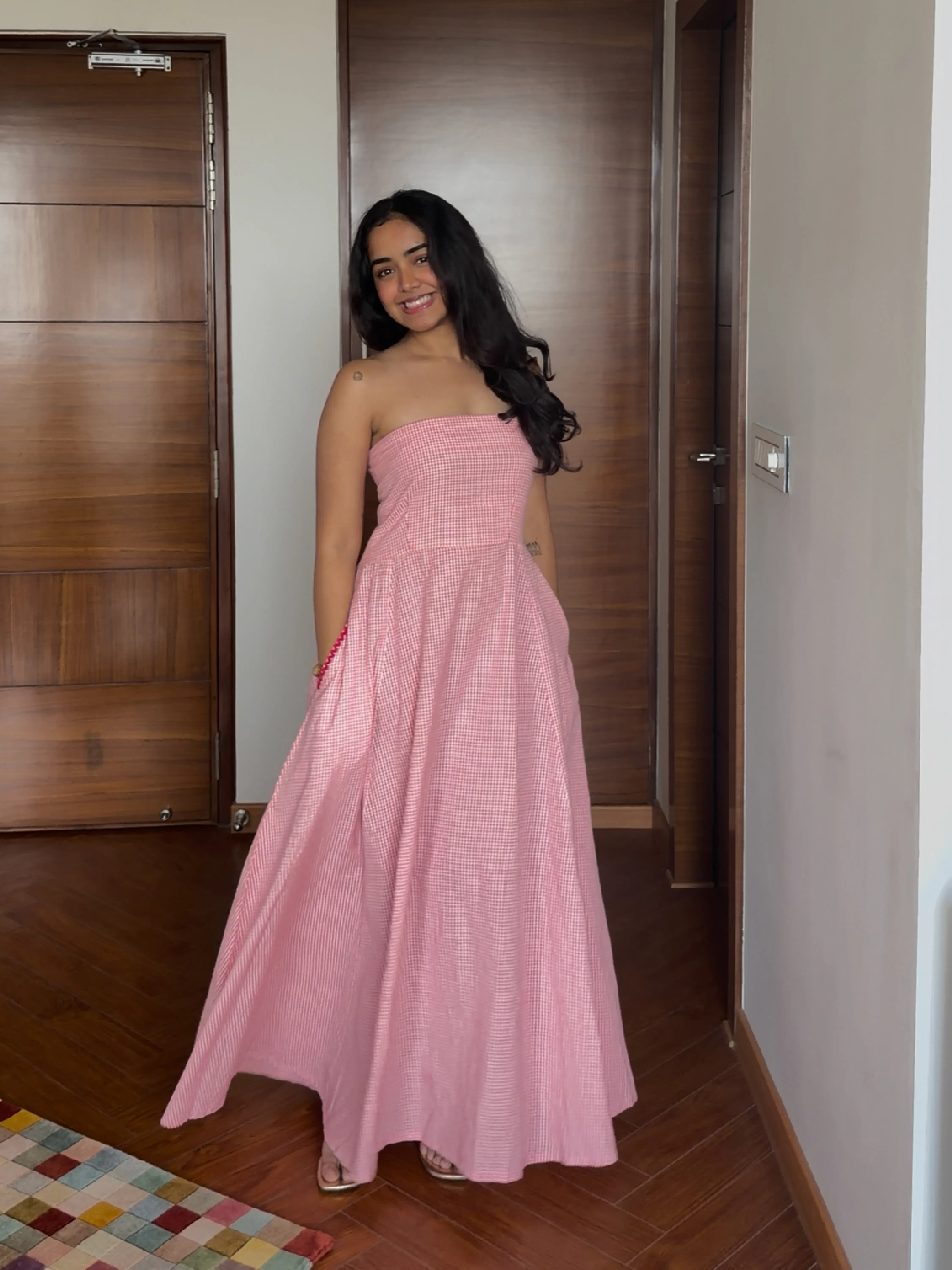 pink gingham tube maxi dress