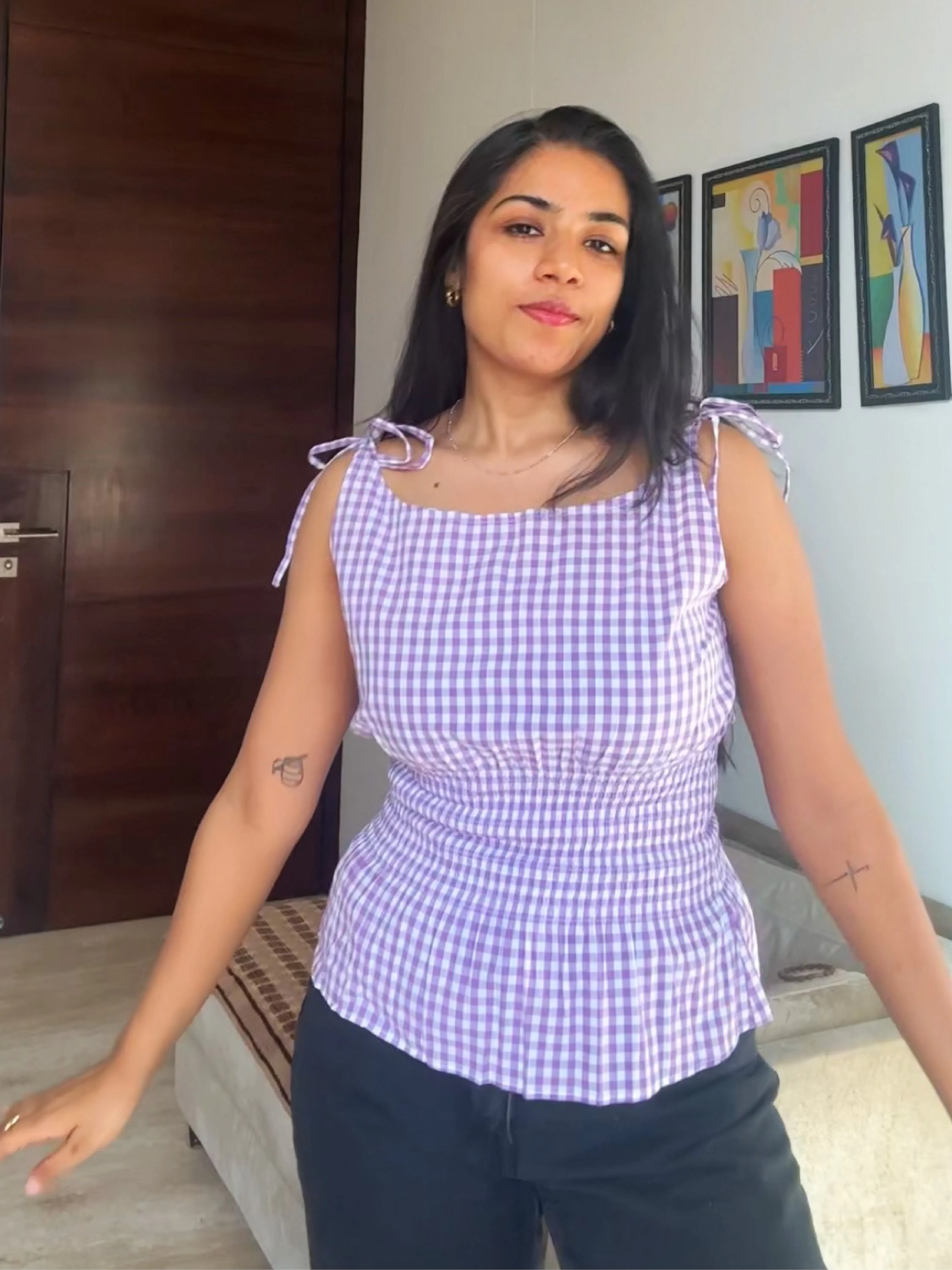 gingham tie-shoulder top for women thumbnail 3