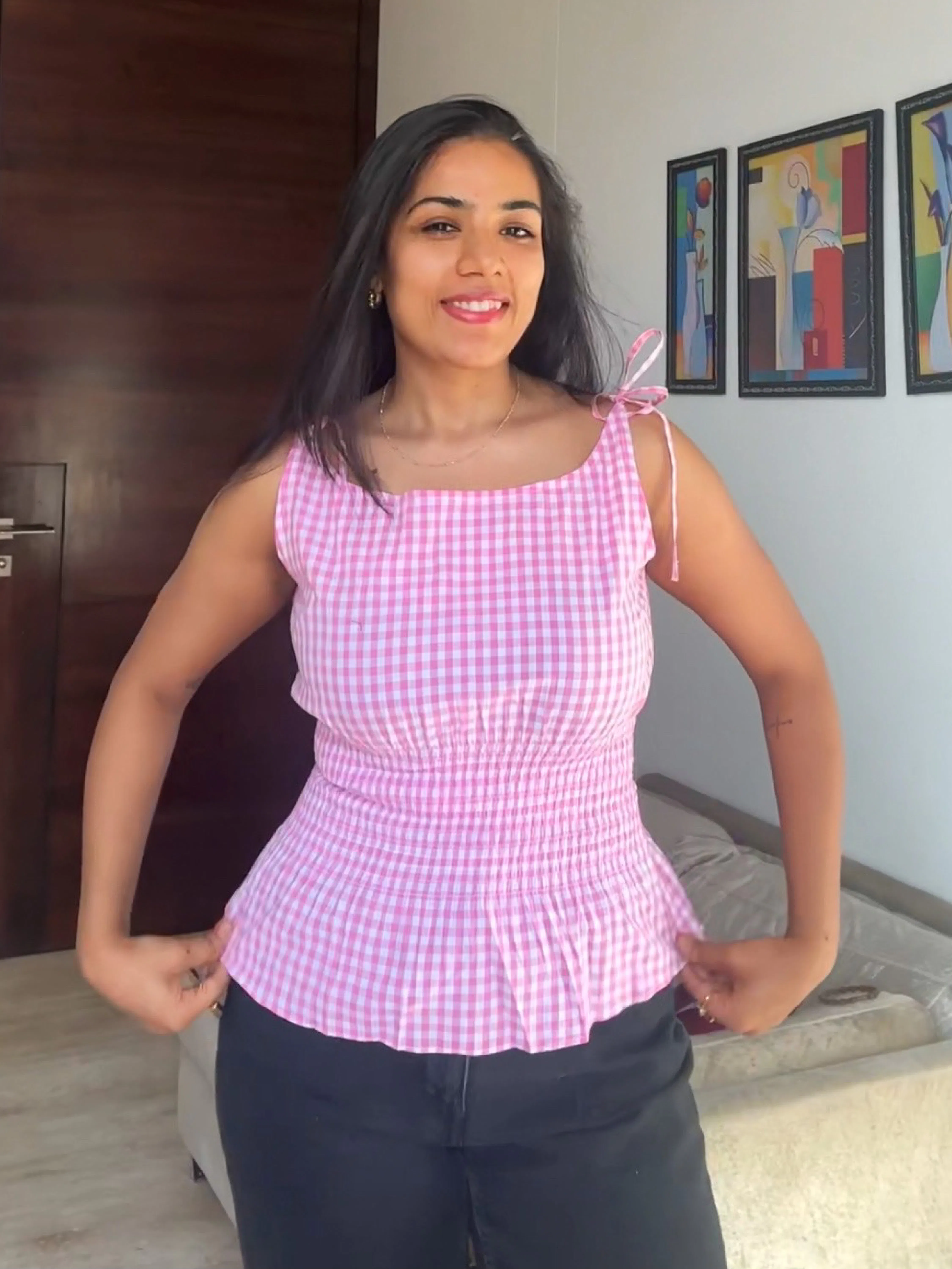gingham tie-shoulder top for women thumbnail 2