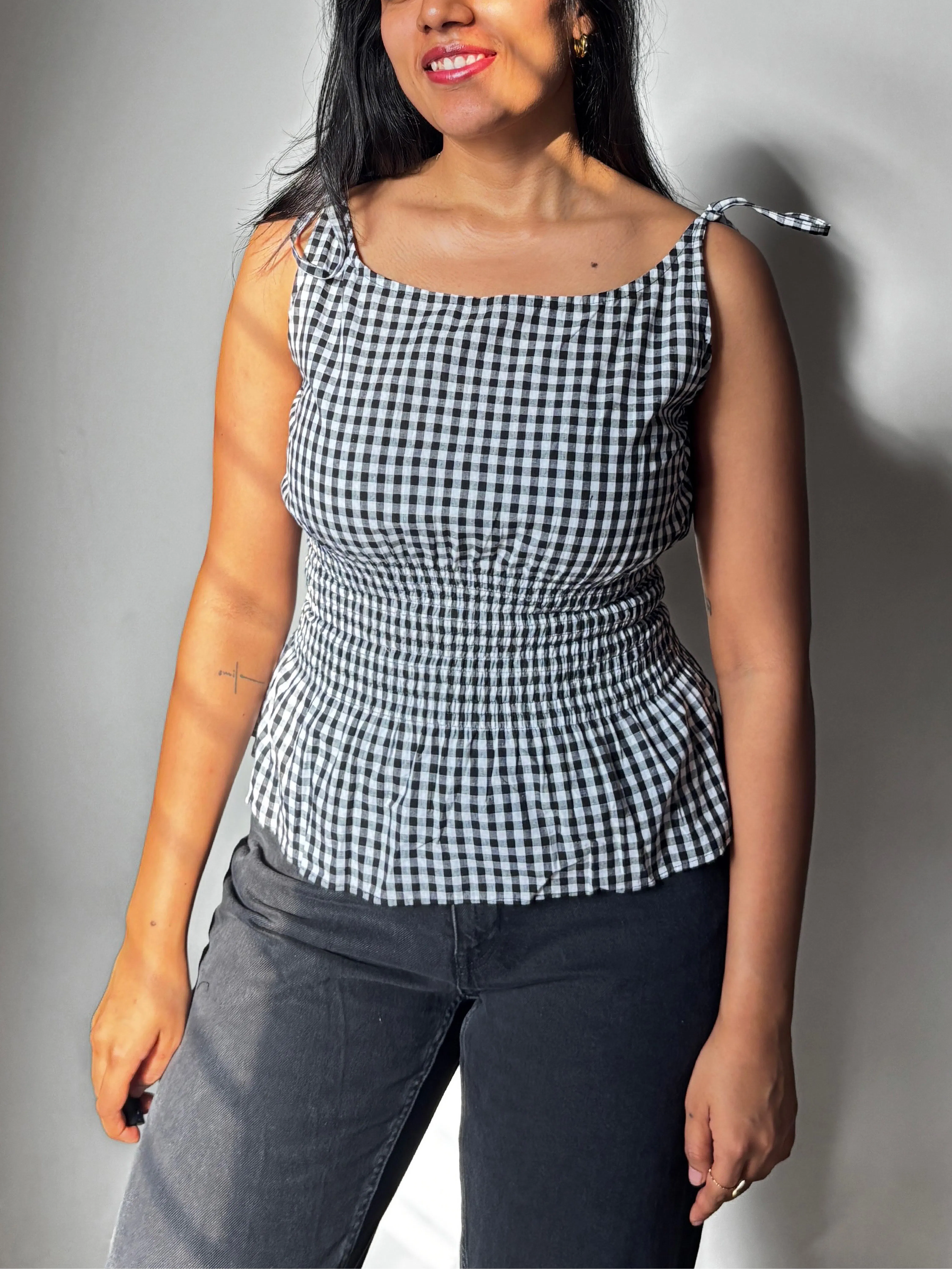 gingham tie-shoulder top for women