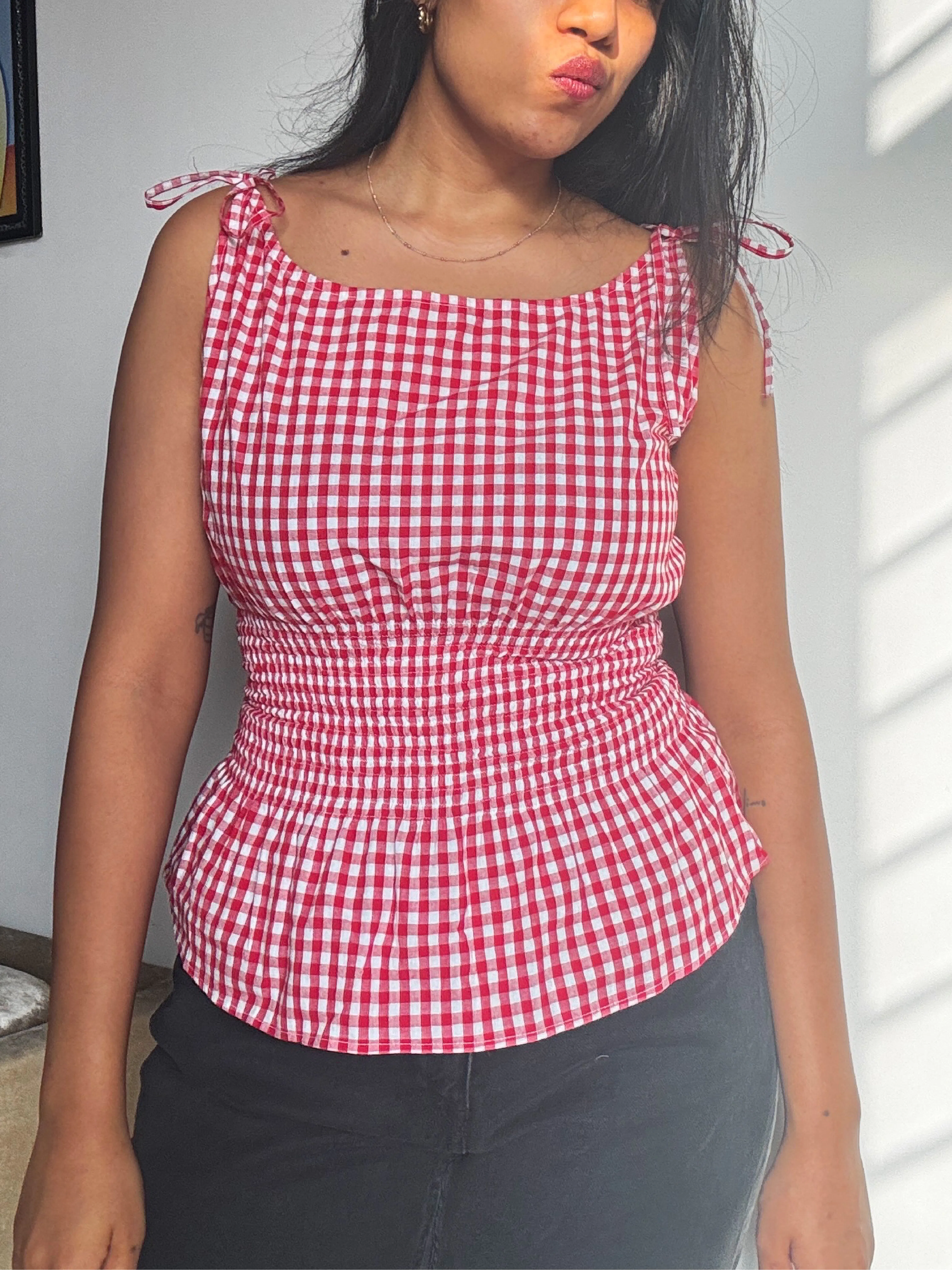 gingham tie-shoulder top for women thumbnail 4