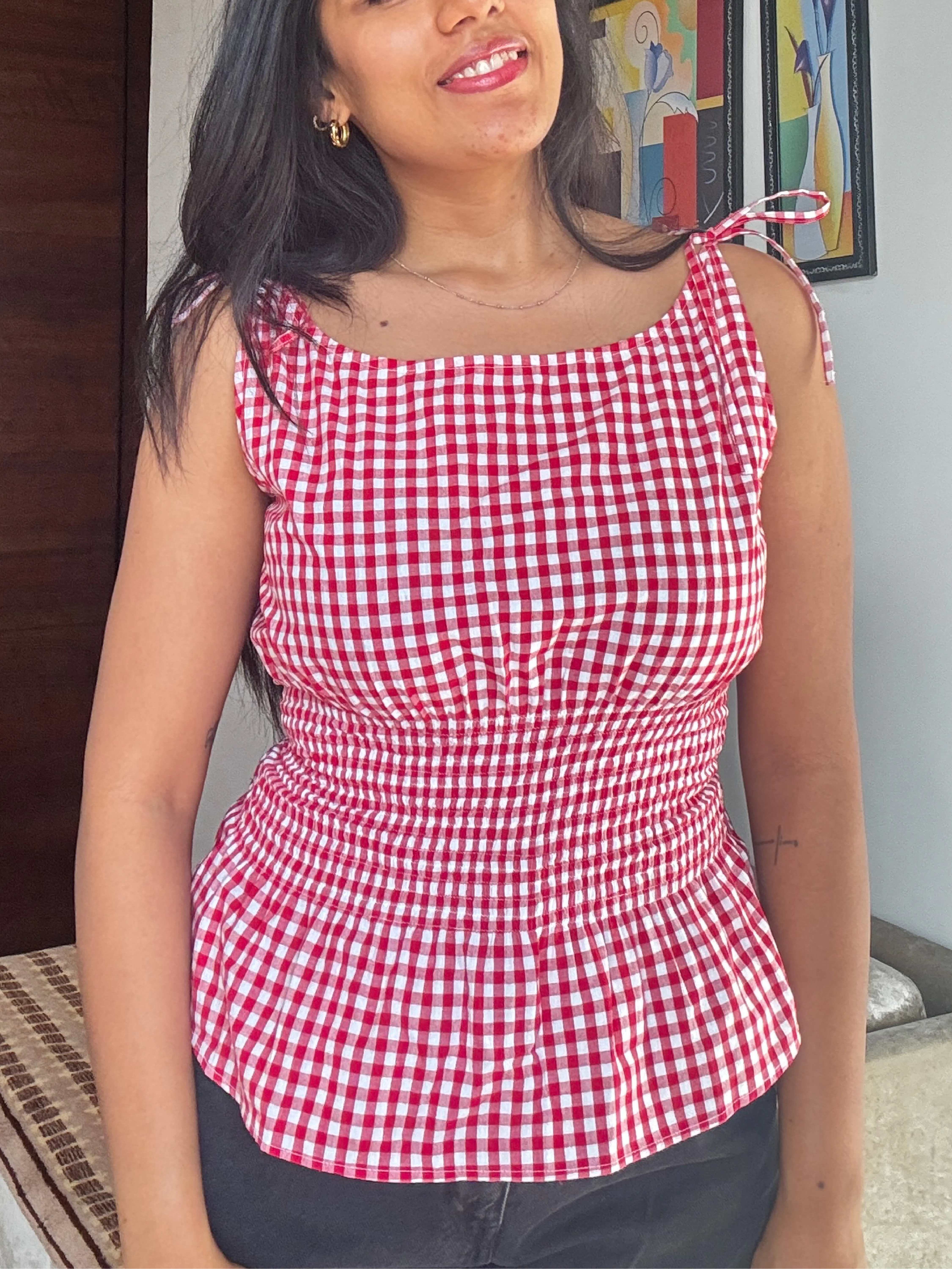gingham tie-shoulder top for women thumbnail 7