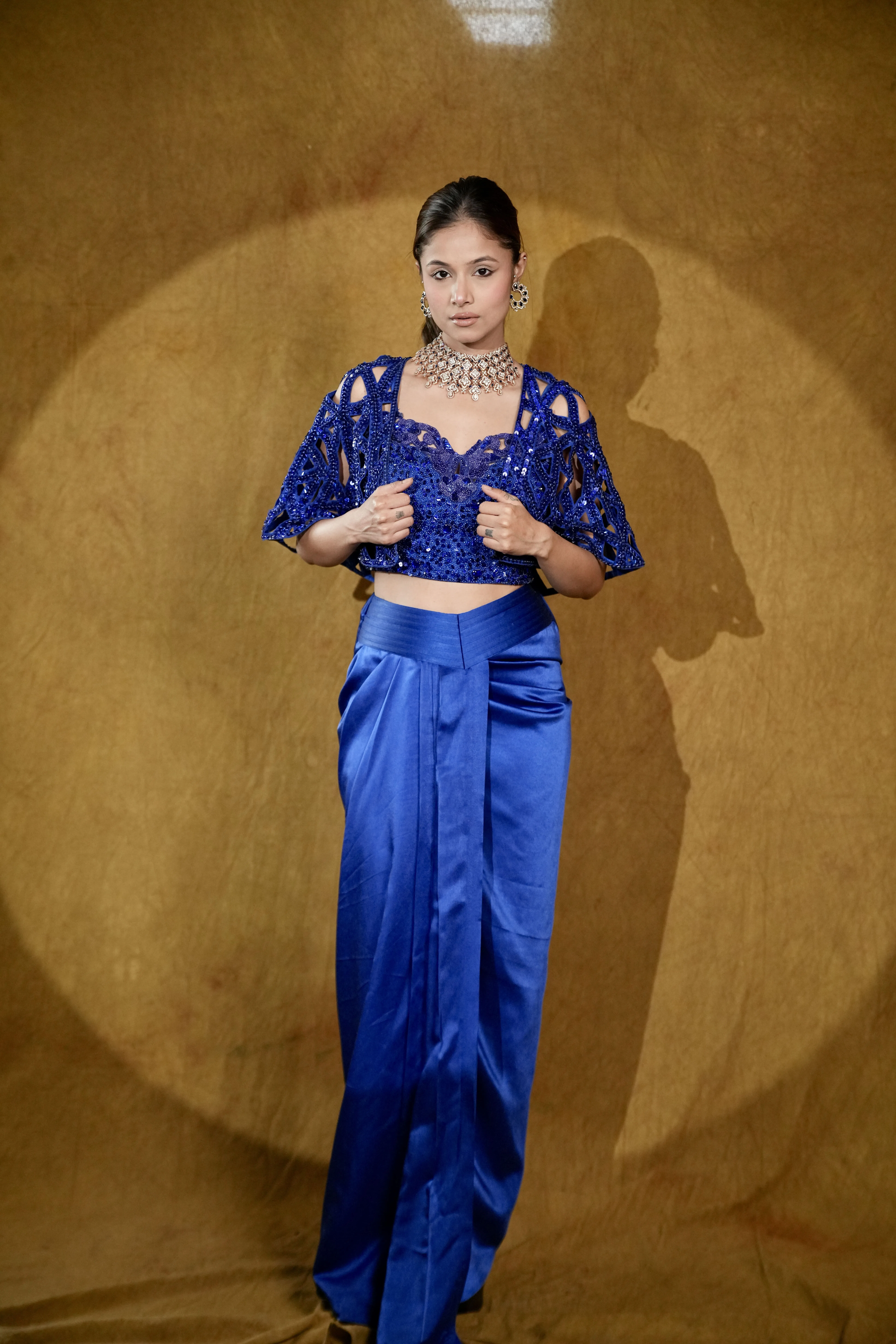 royal blue hand-embroidered drape set hover