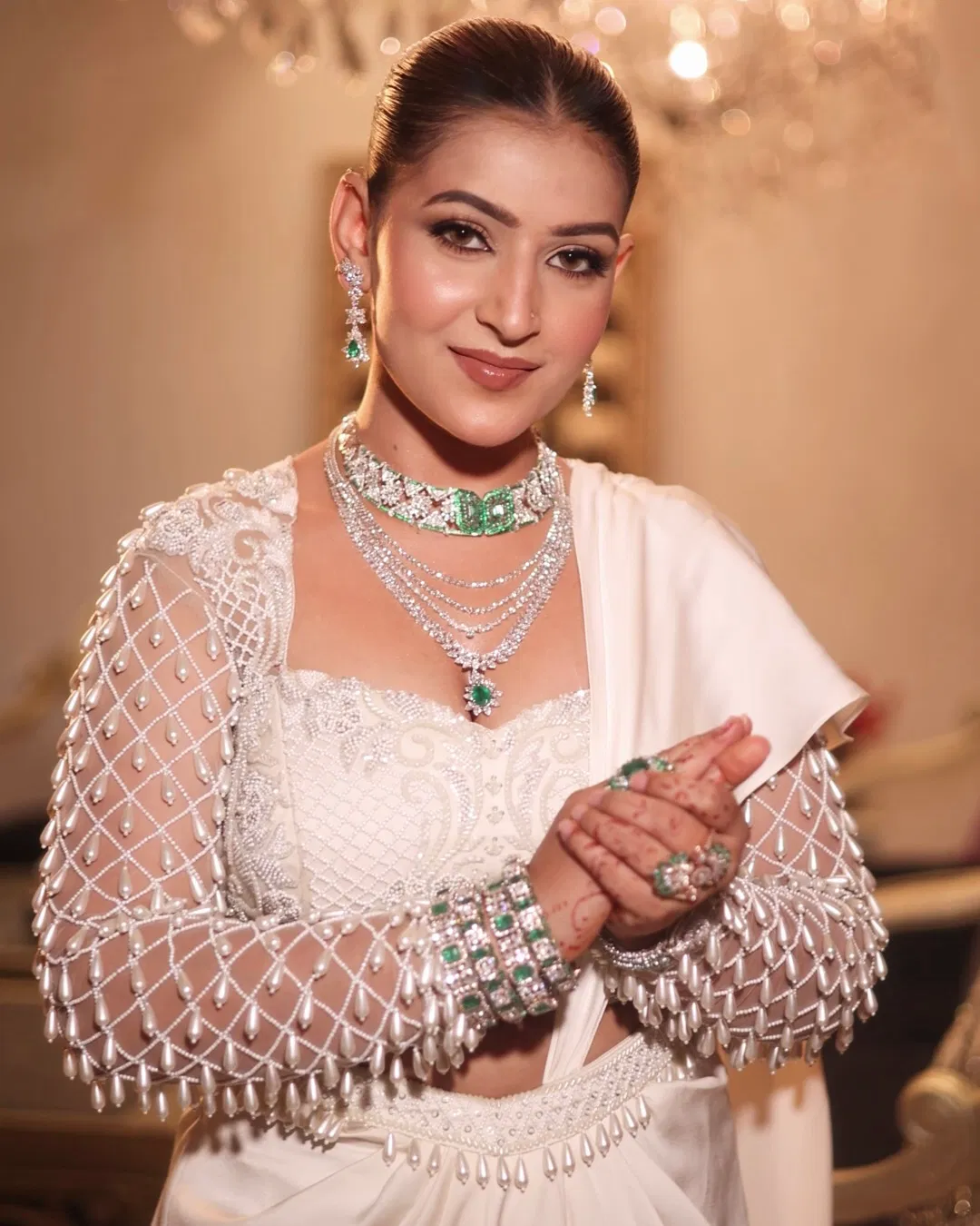 white indo western satin drape outfit with embellished blouse and drape skirt thumbnail 4