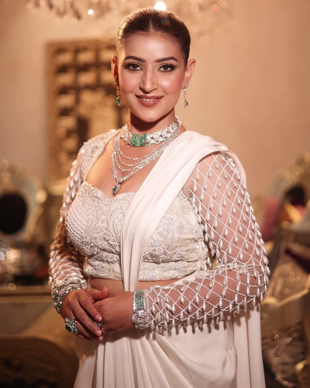 white indo western satin drape outfit with embellished blouse and drape skirt thumbnail 5