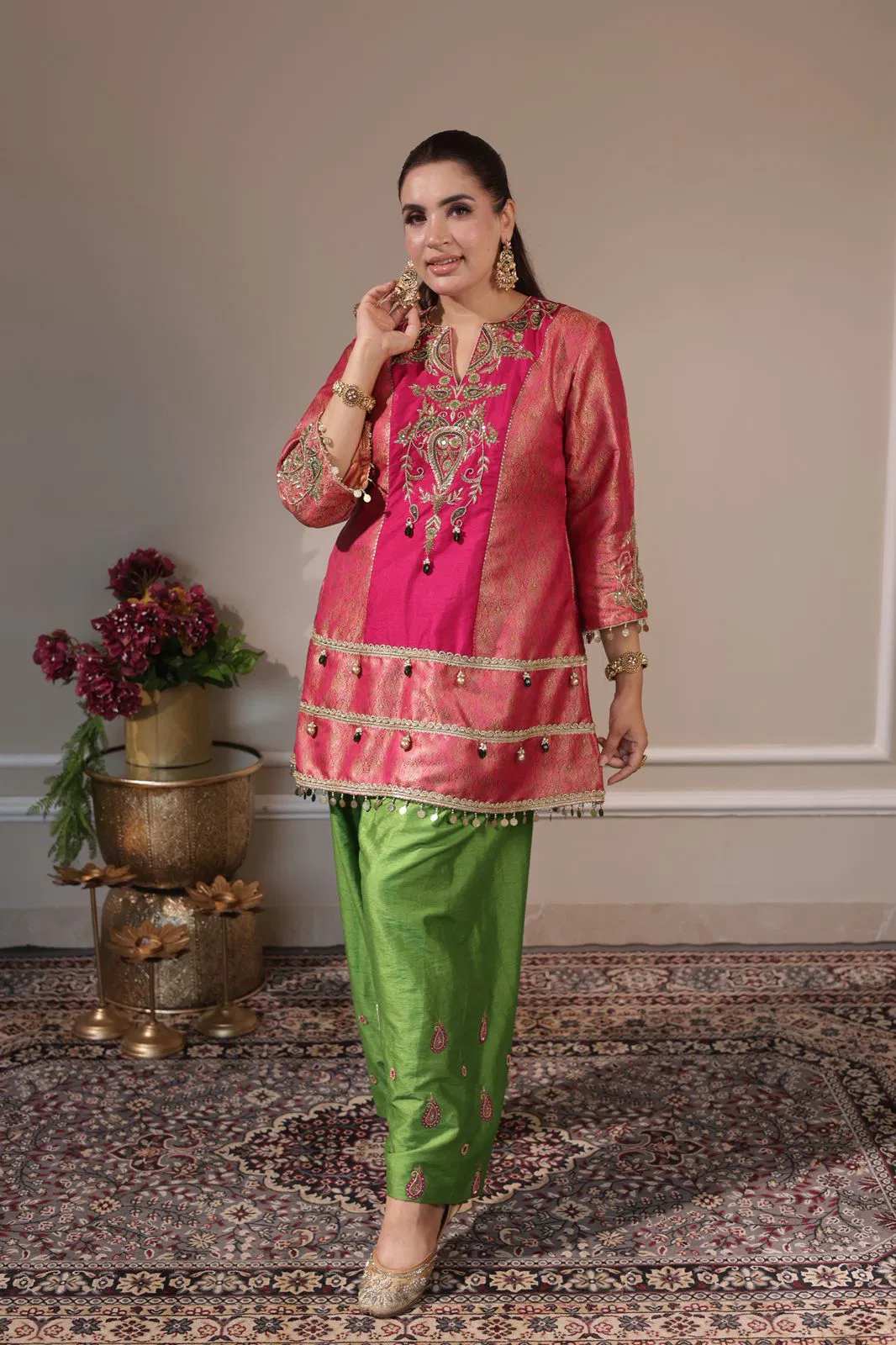 gulabi brocade and silk suit with farshi