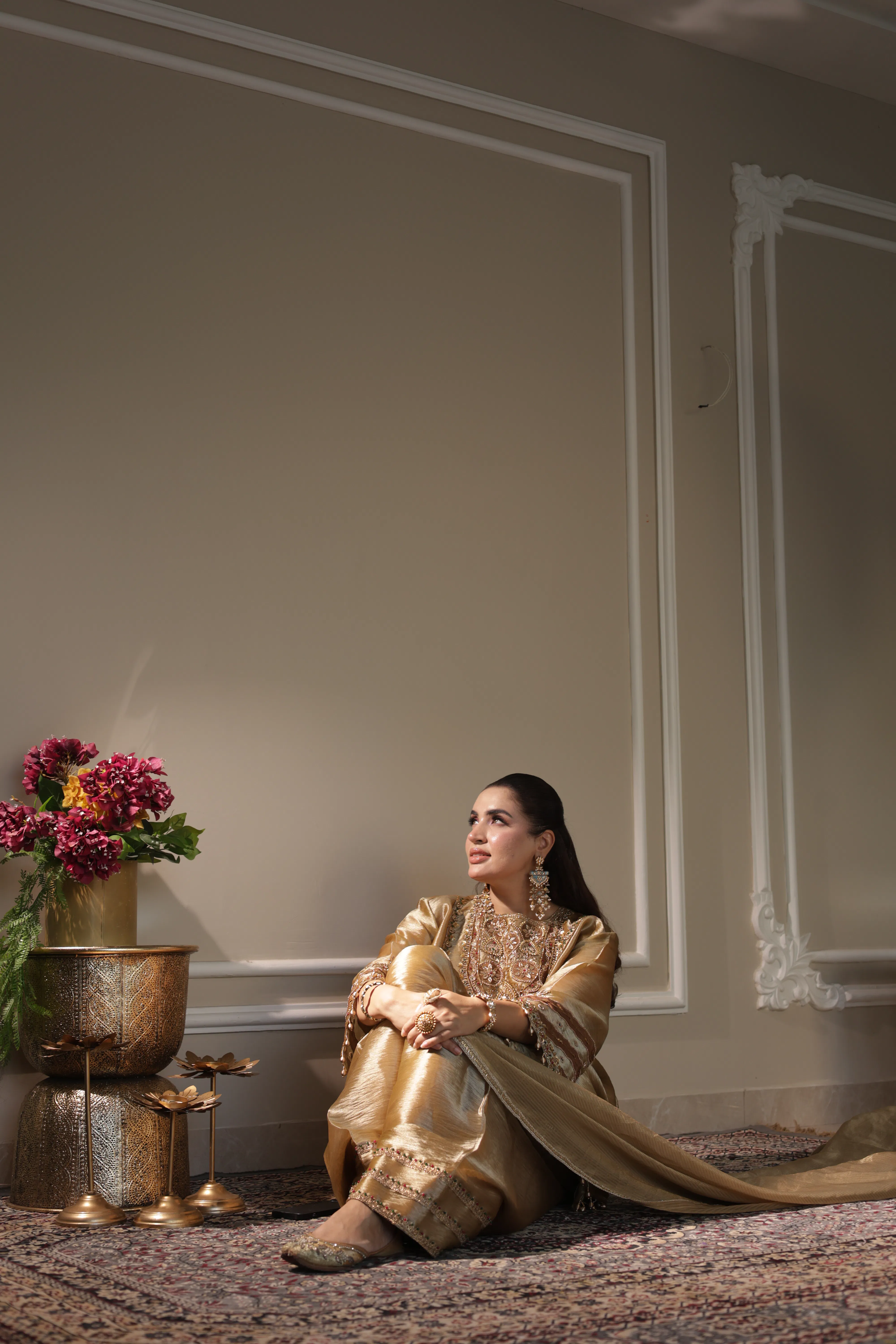 golden tissue suit with farshi salwar and dupatta