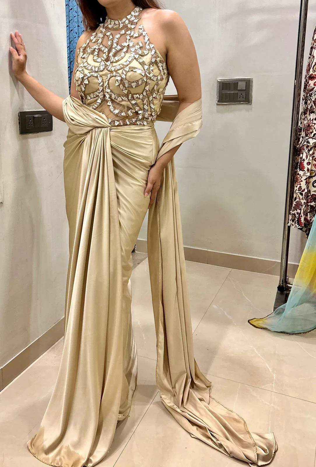 ivory draped saree with all intricate embroidery on blouse