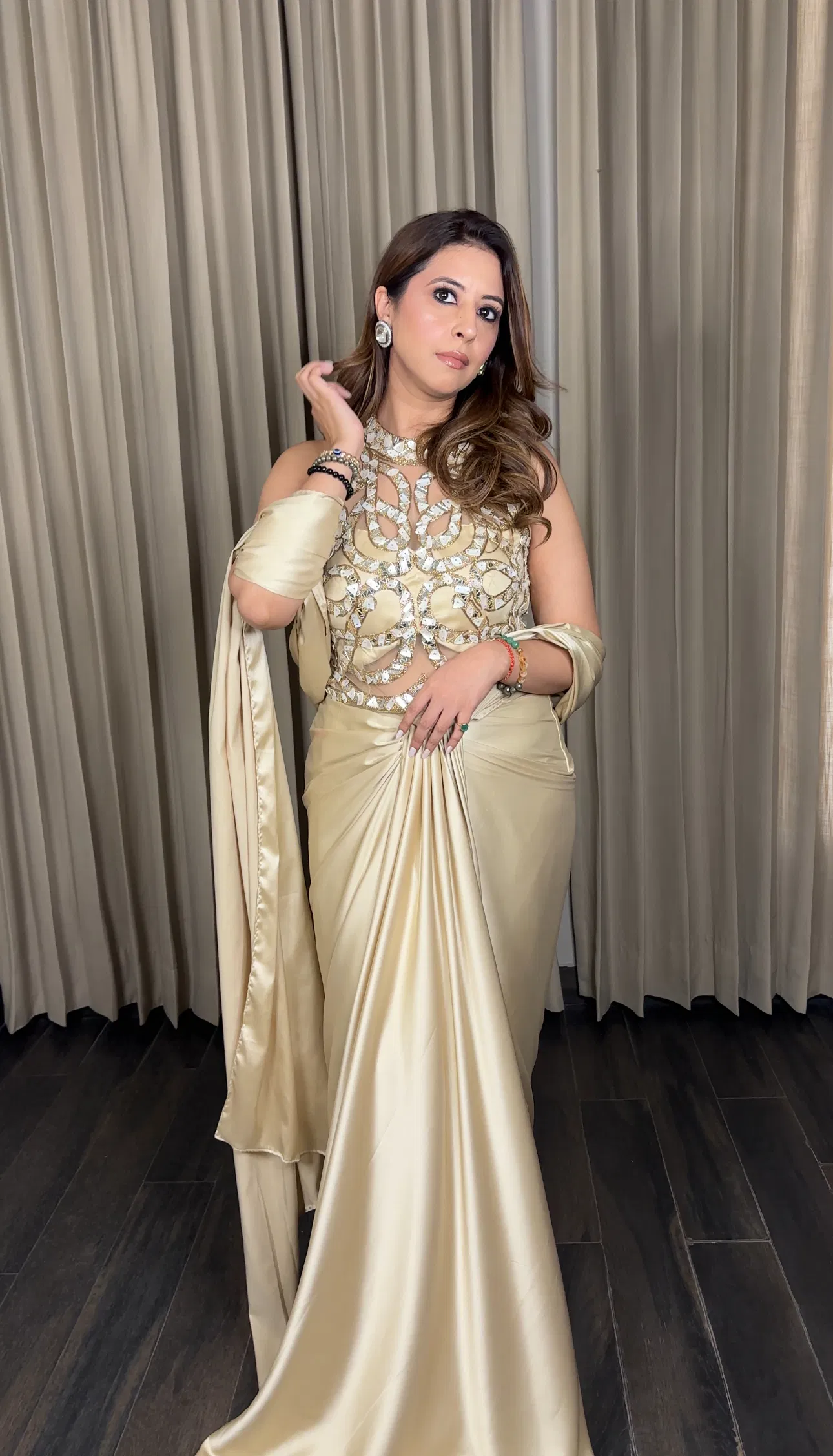 ivory draped saree with all intricate embroidery on blouse thumbnail 3