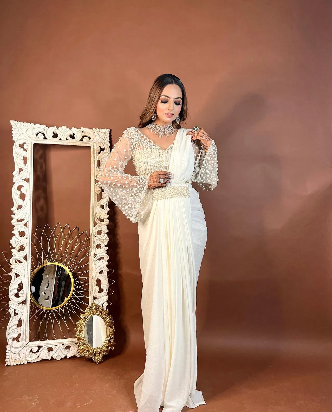 pearl enchantment off-white draped saree hover