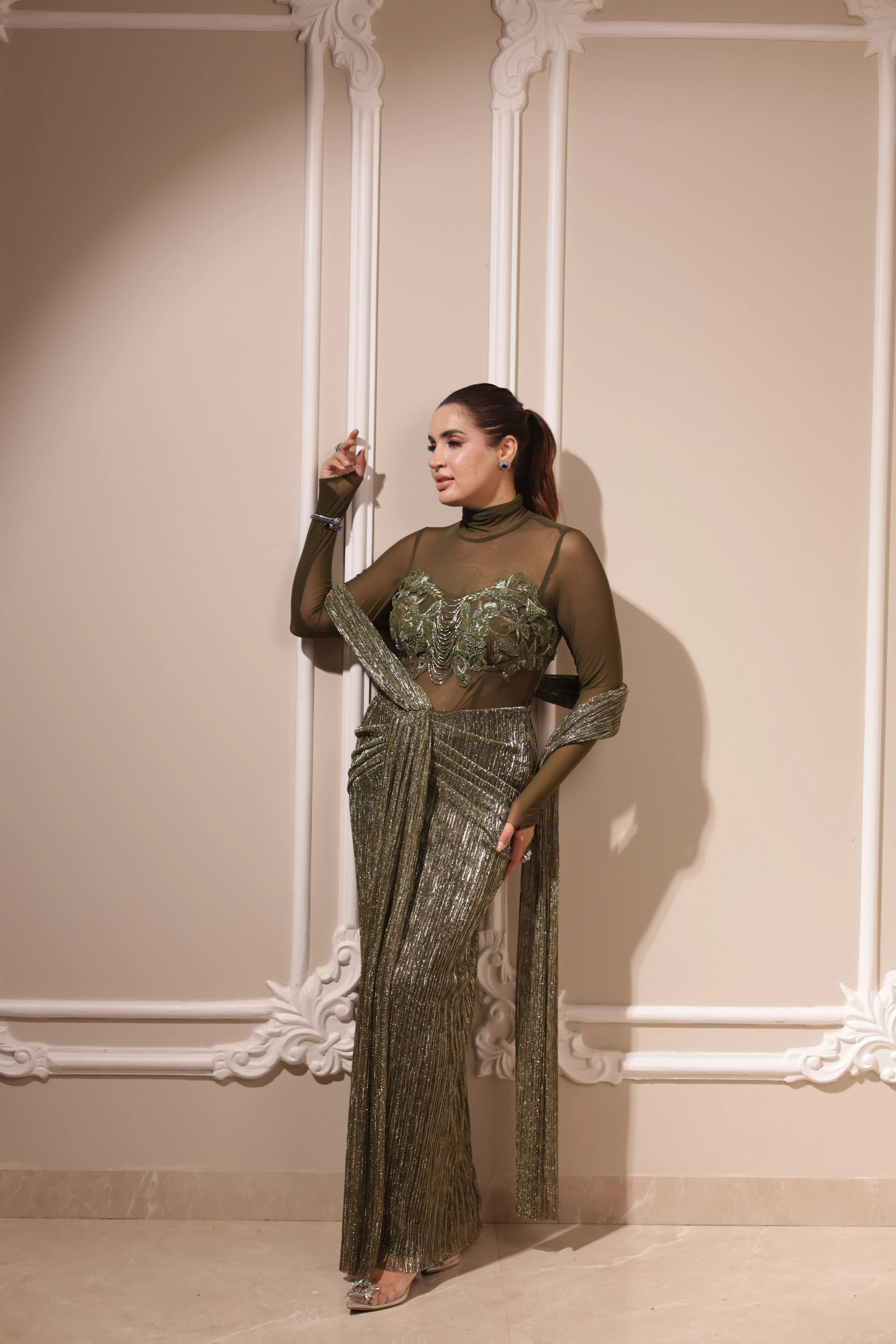 olive metallic draped saree set thumbnail 3