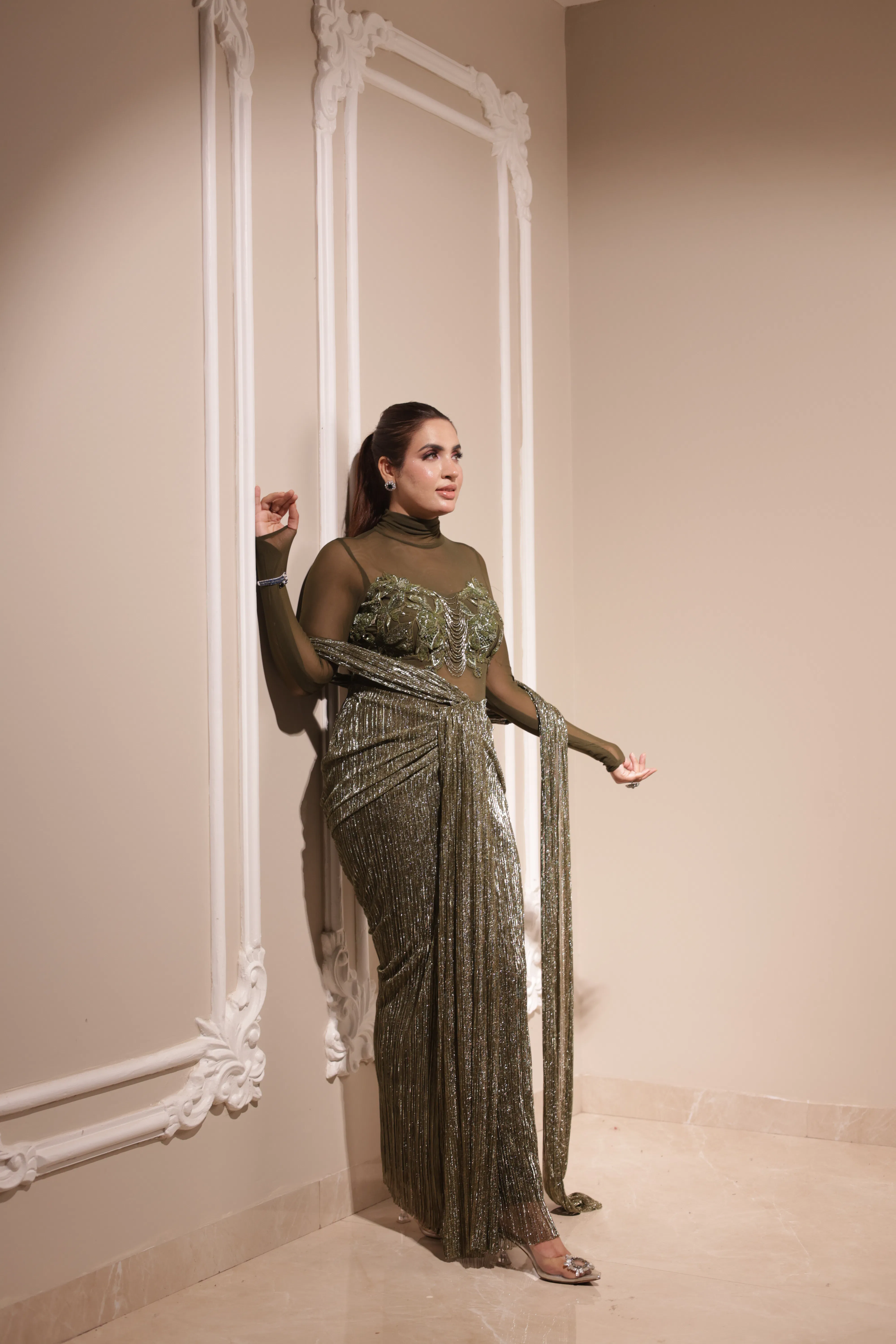 olive metallic draped saree set