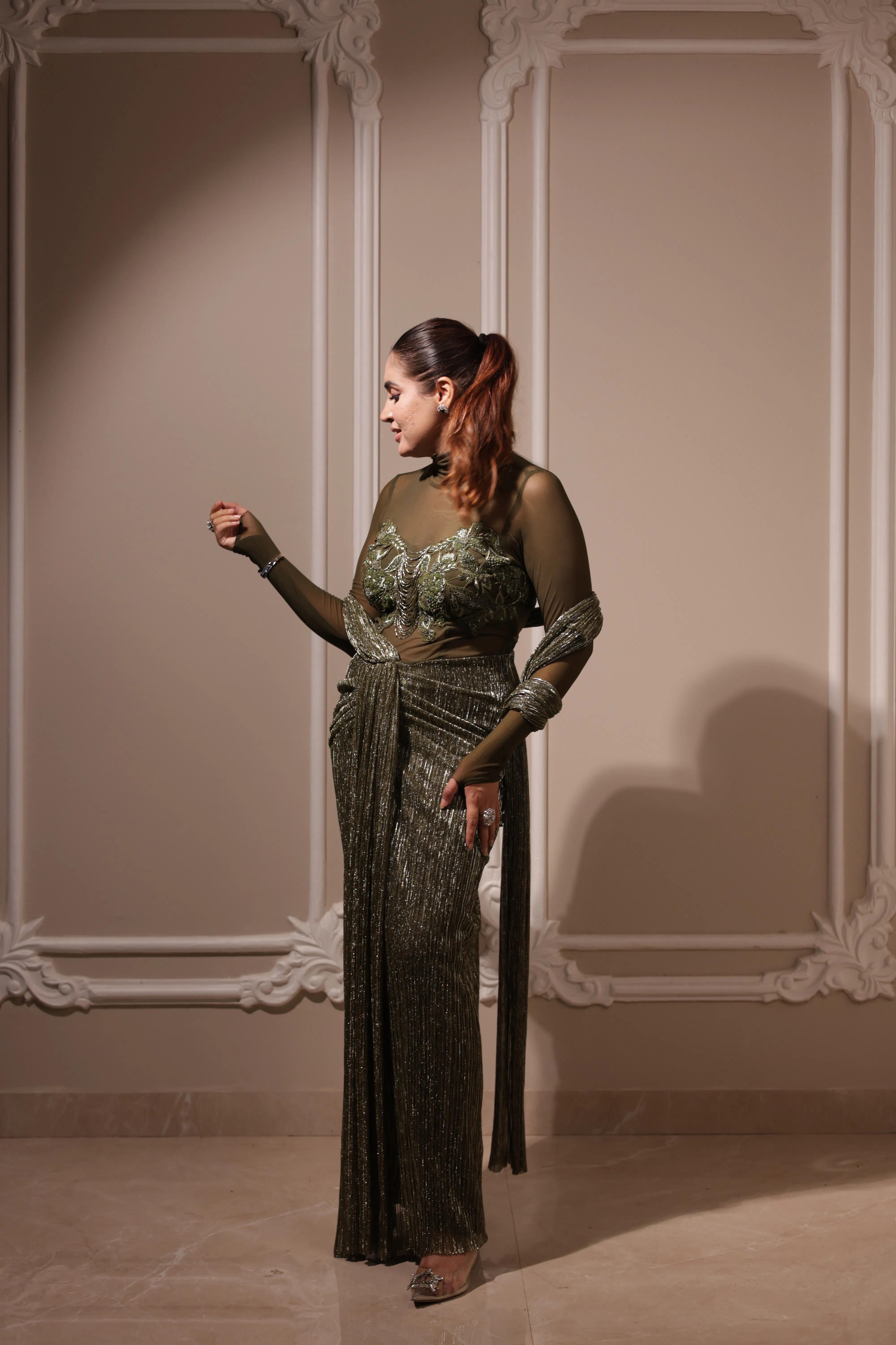 olive metallic draped saree set