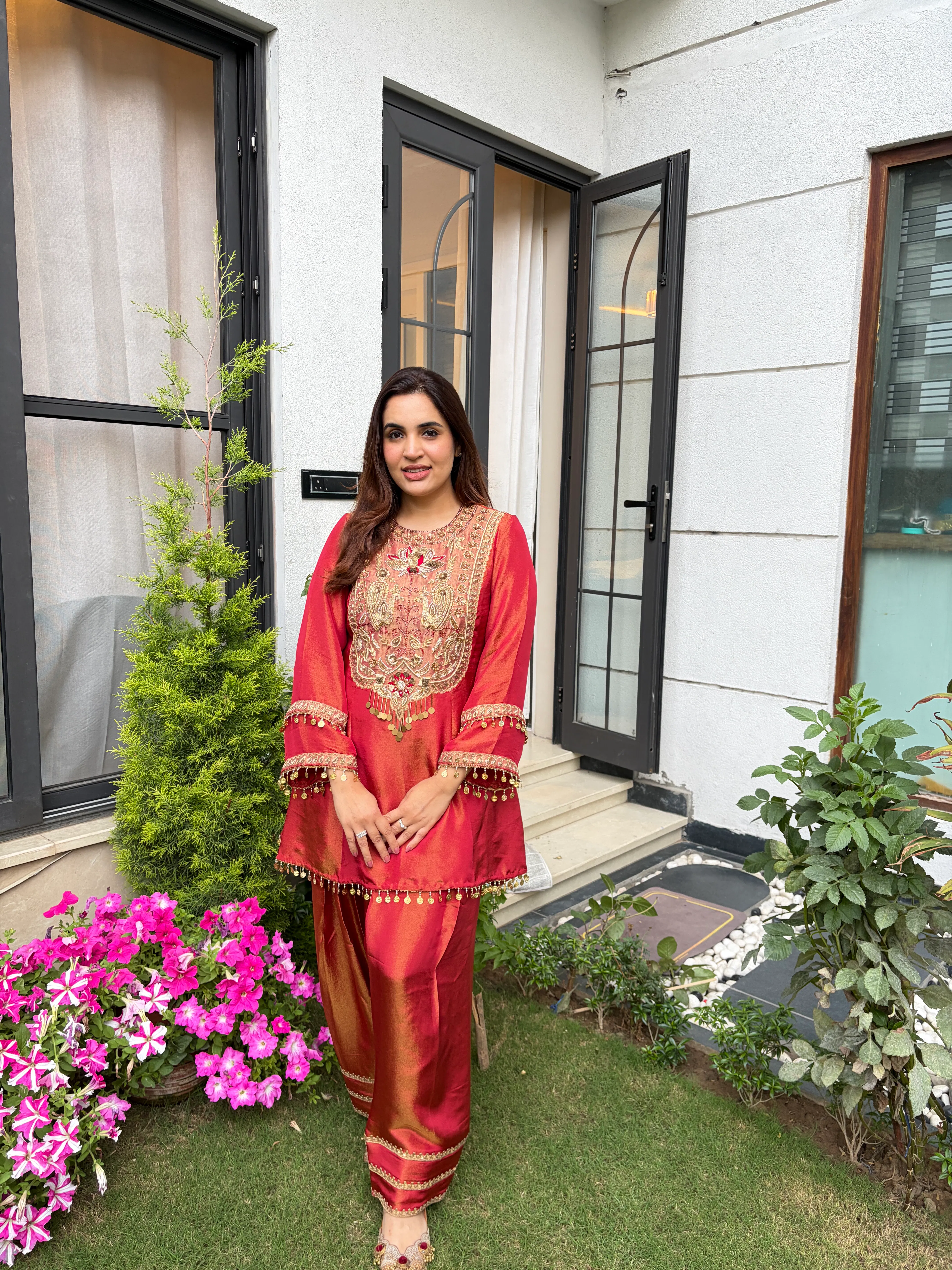 metallic tissue embroidered kurta set