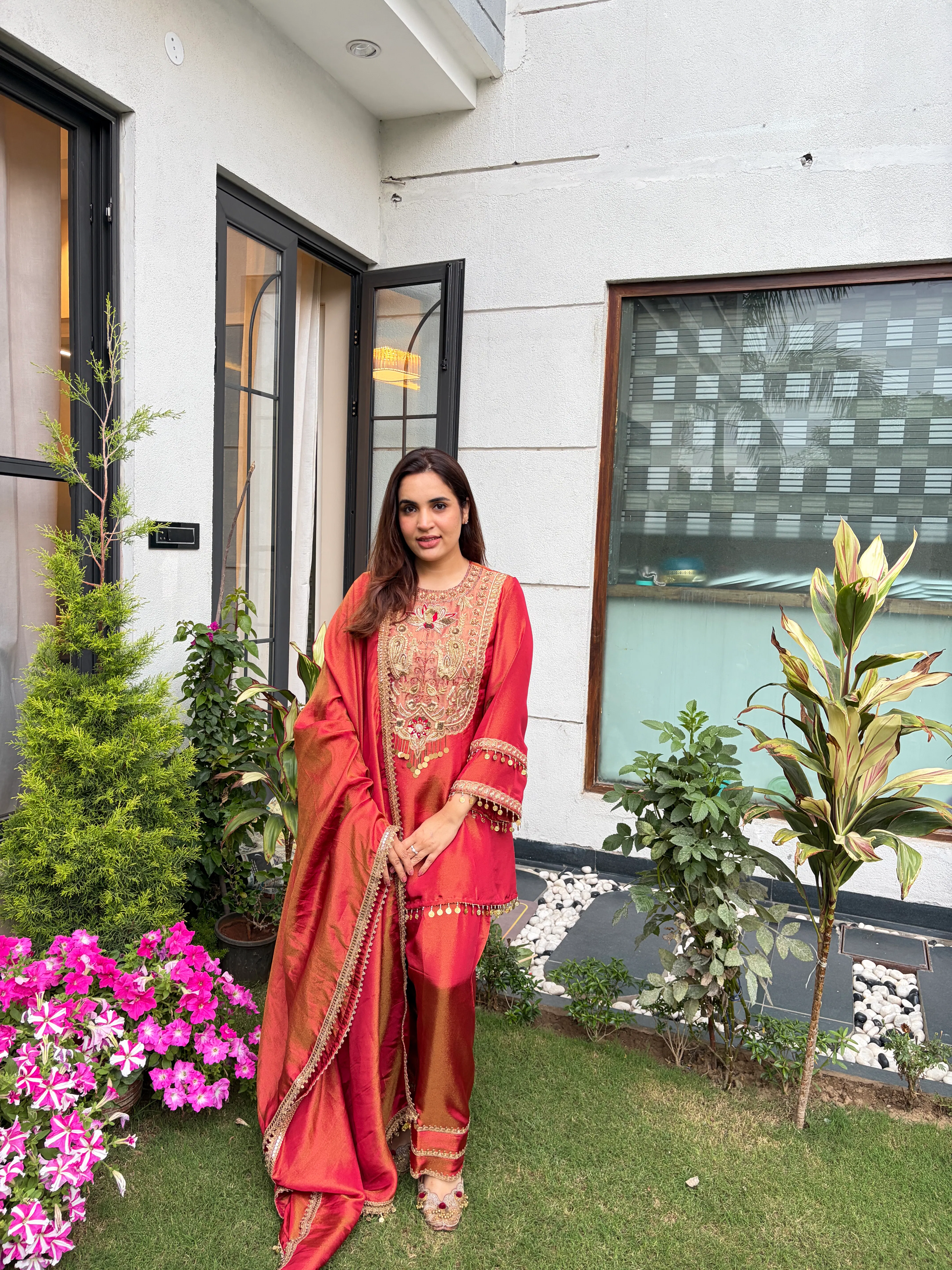 metallic tissue embroidered kurta set hover
