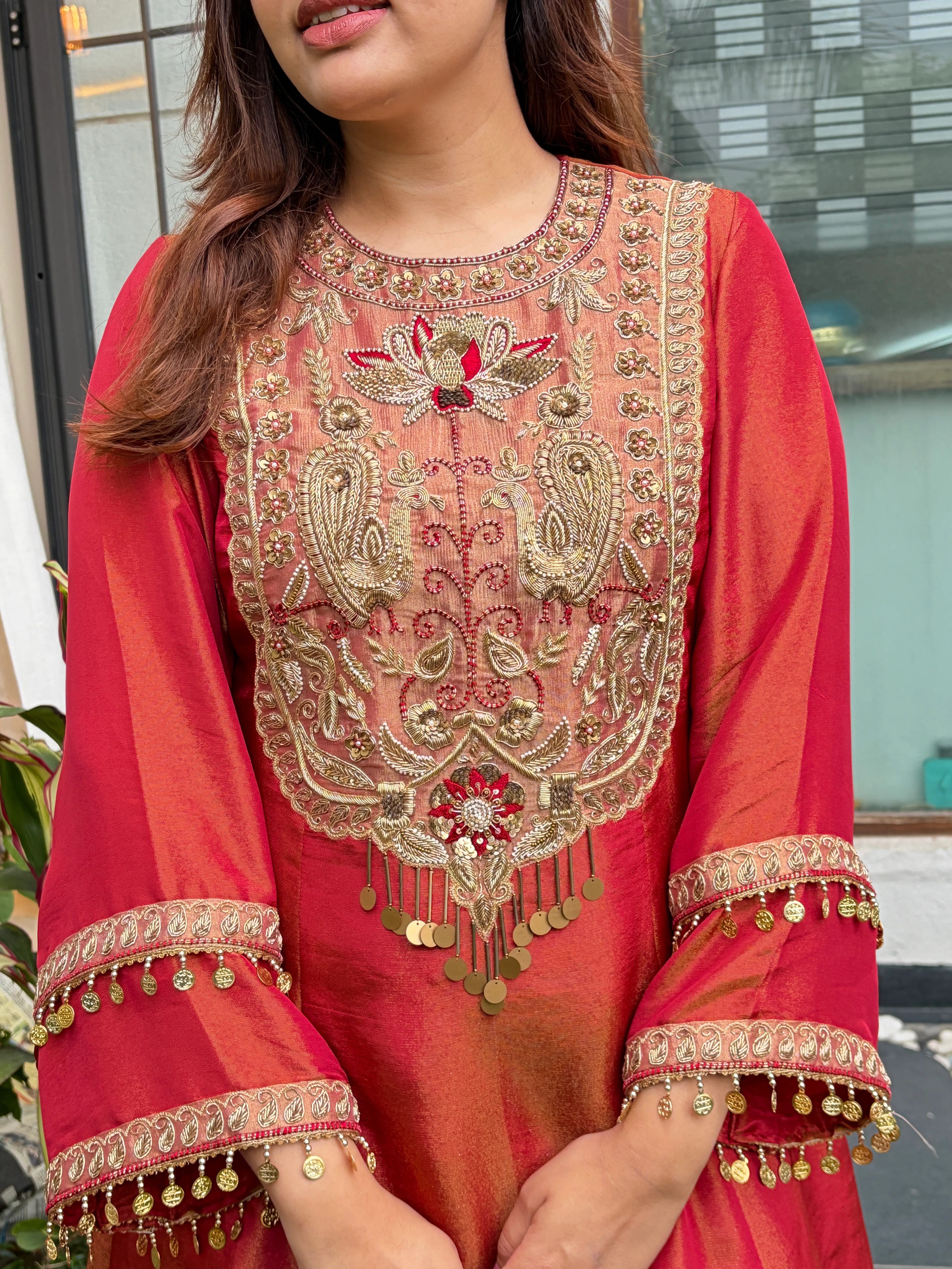 metallic tissue embroidered kurta set thumbnail 4