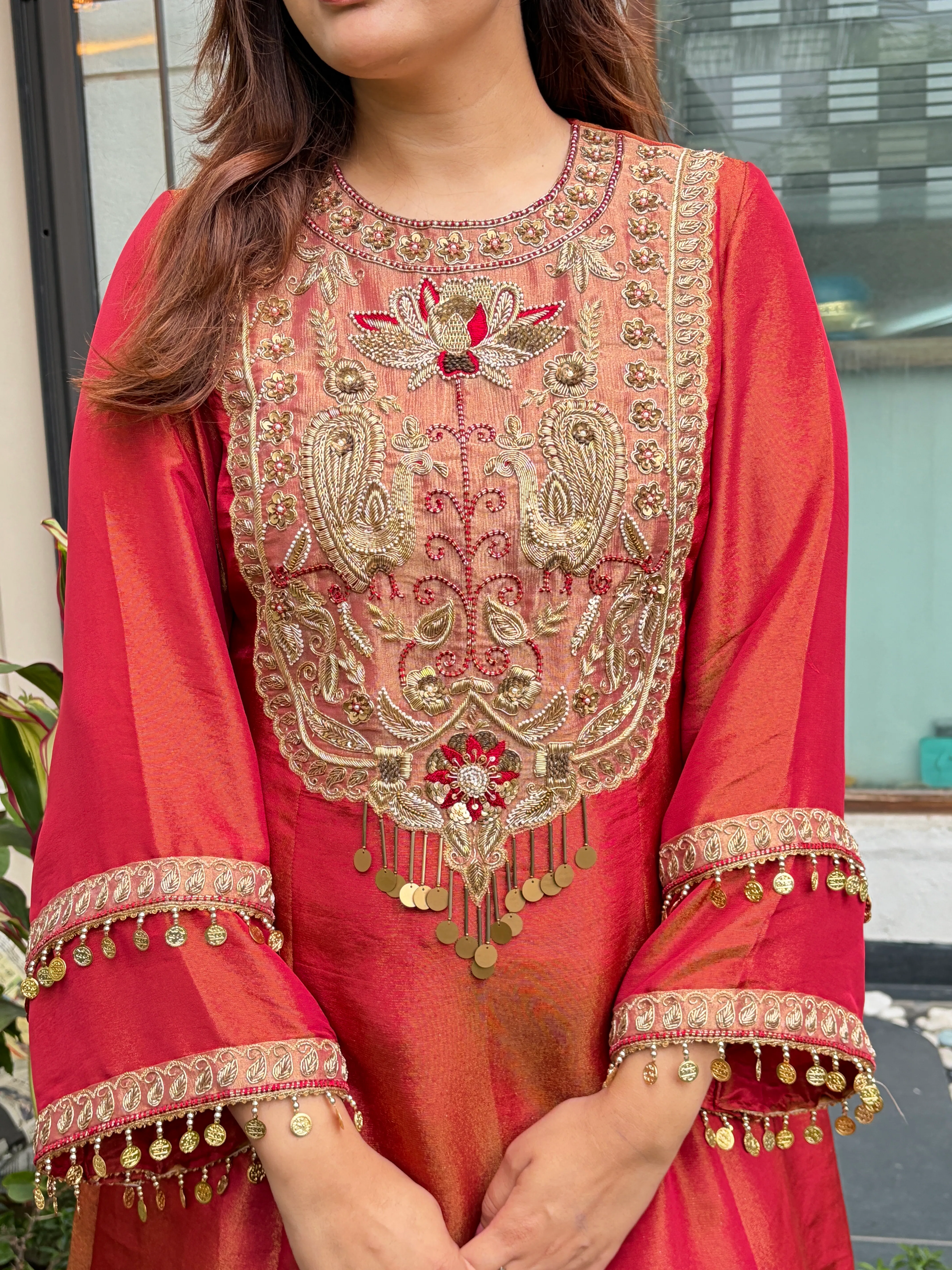 metallic tissue embroidered kurta set thumbnail 3