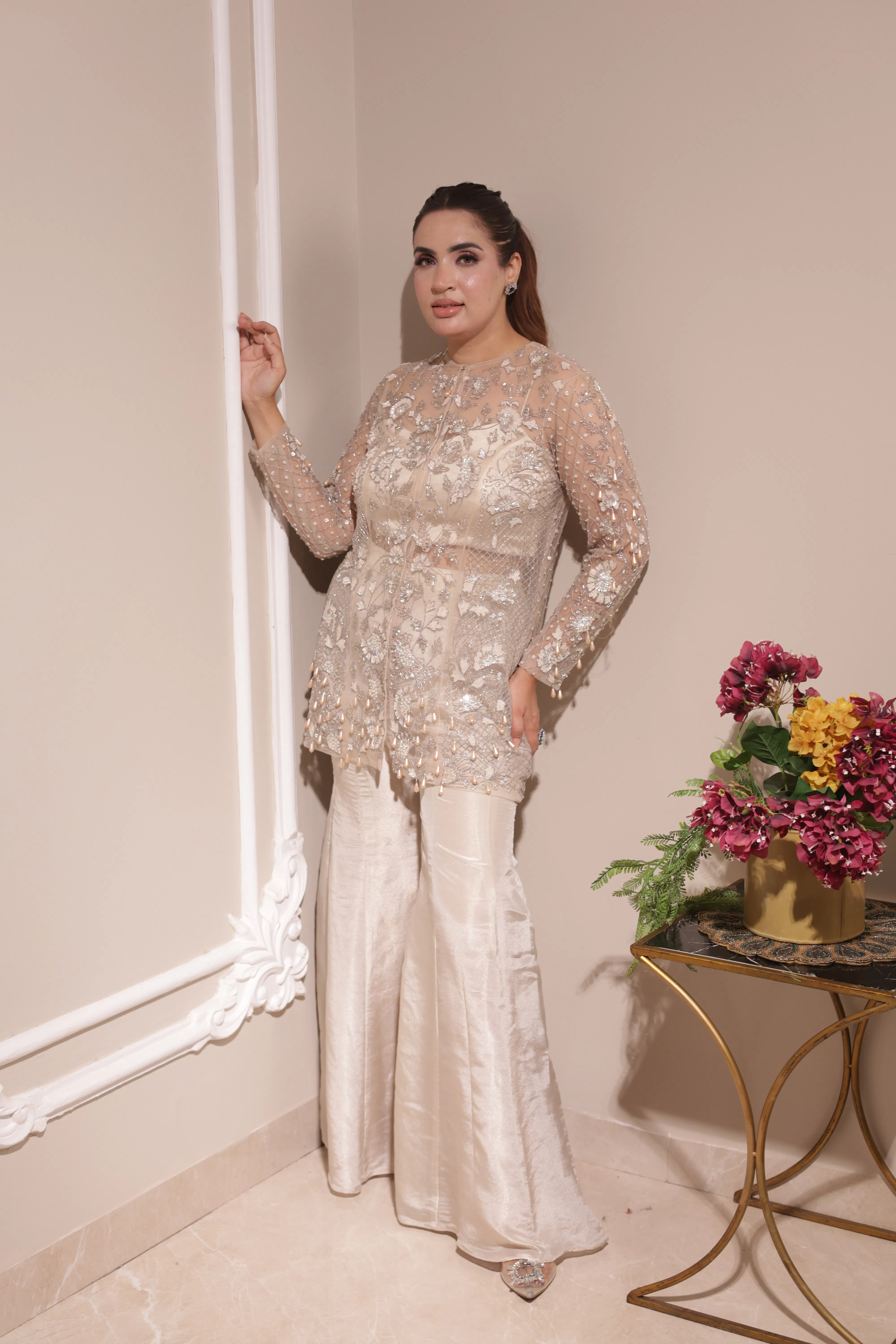 ivory hand-embellished indo-western sharara set thumbnail 4
