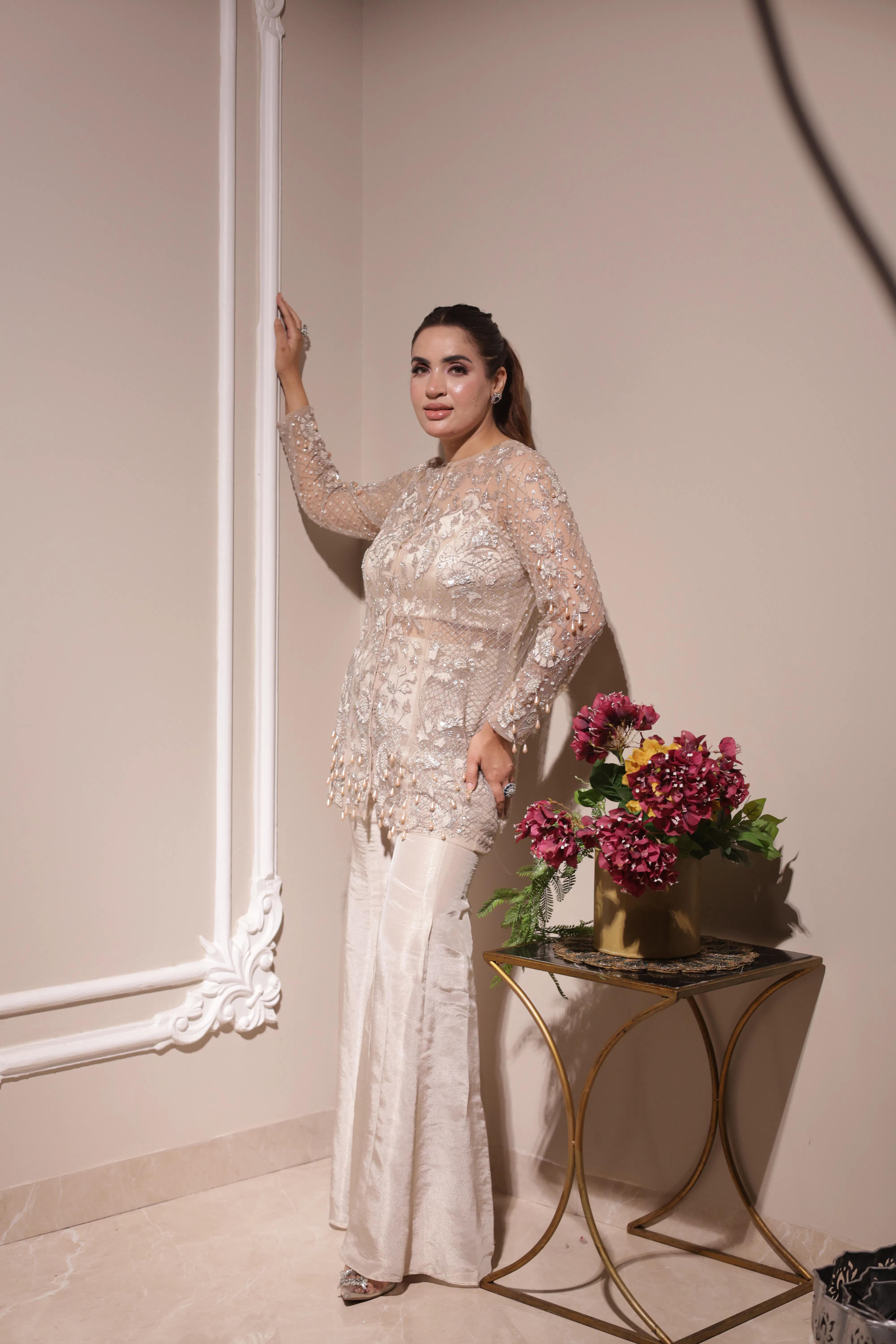 ivory hand-embellished indo-western sharara set thumbnail 3