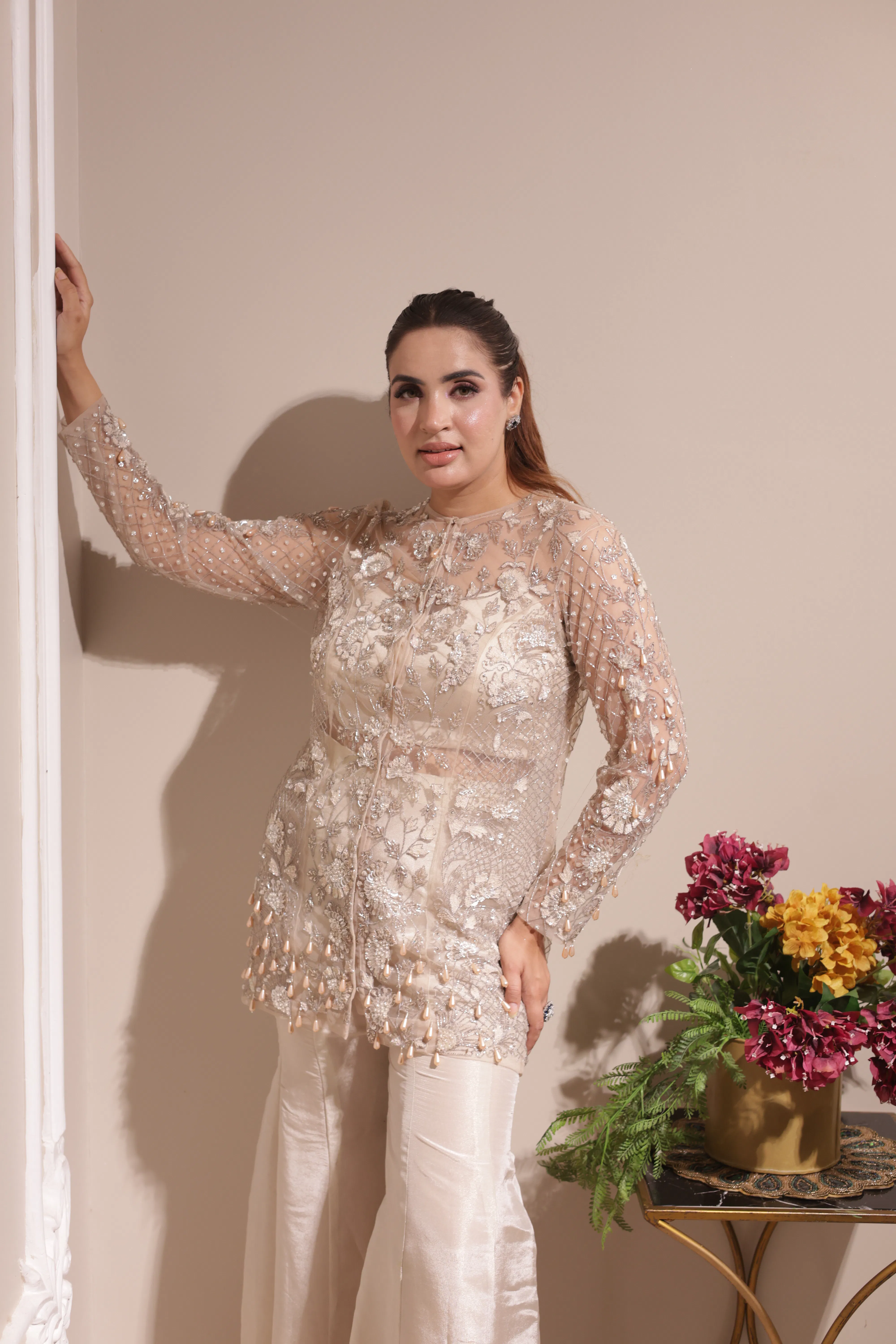 ivory hand-embellished indo-western sharara set hover