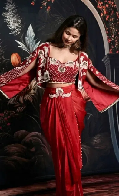 embellished red dhoti saree set with cape jacket