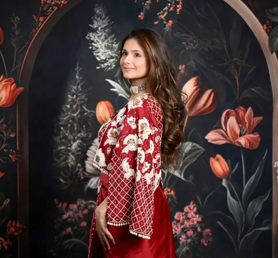 embellished red dhoti saree set with cape jacket thumbnail 3