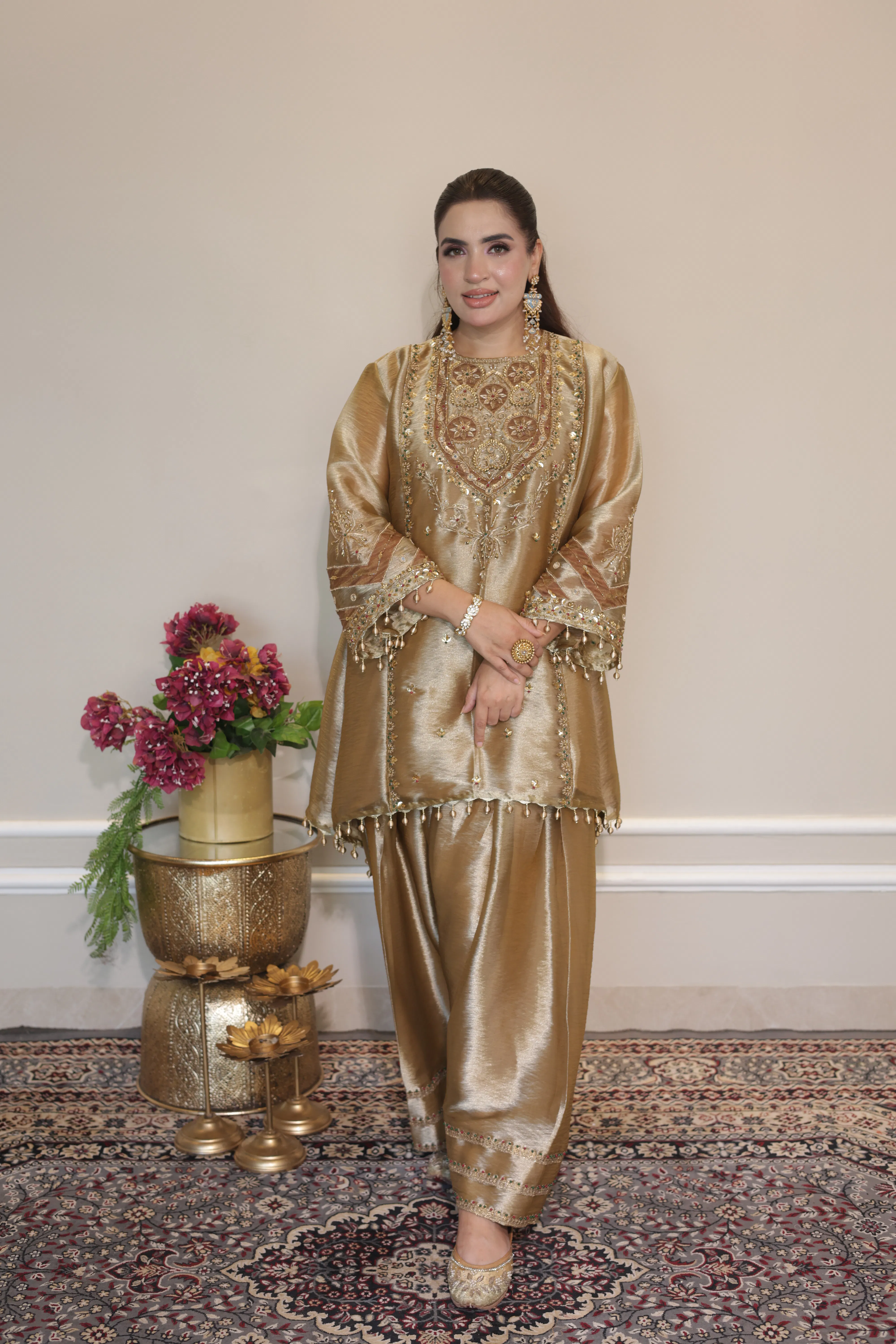 golden tissue suit with farshi salwar and dupatta