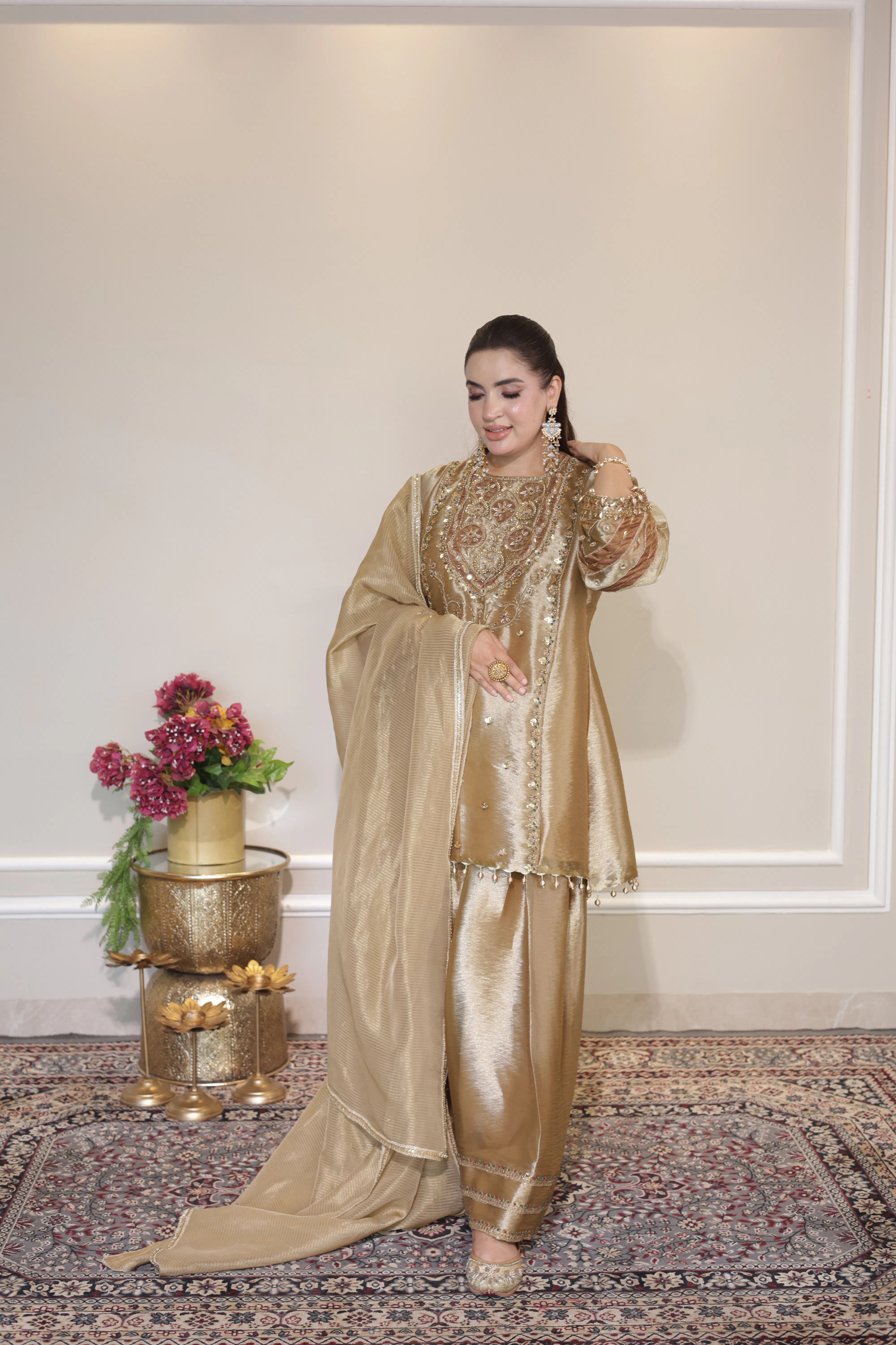 golden tissue suit with farshi salwar and dupatta thumbnail 3