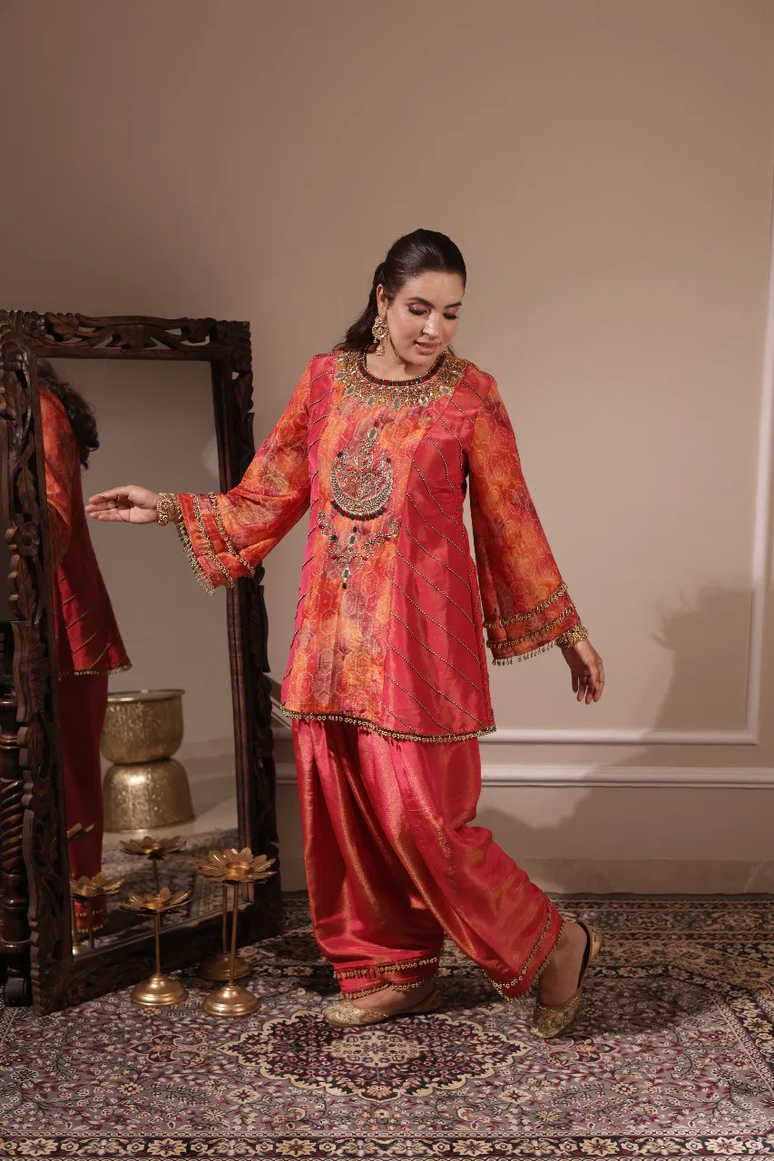 elegant tissue a-line suit set with handwork neckline