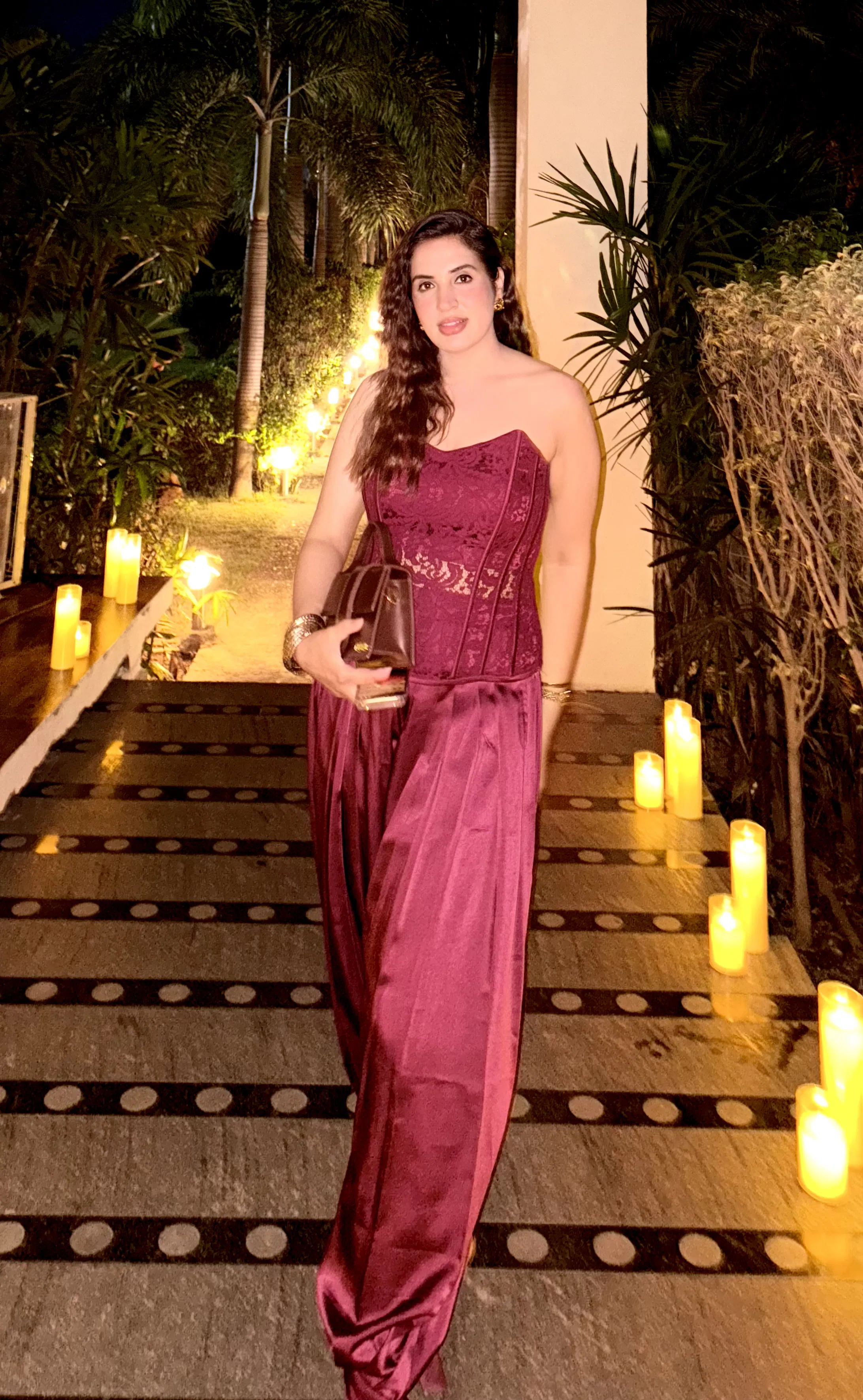 burgundy lace corset with satin balloon pants