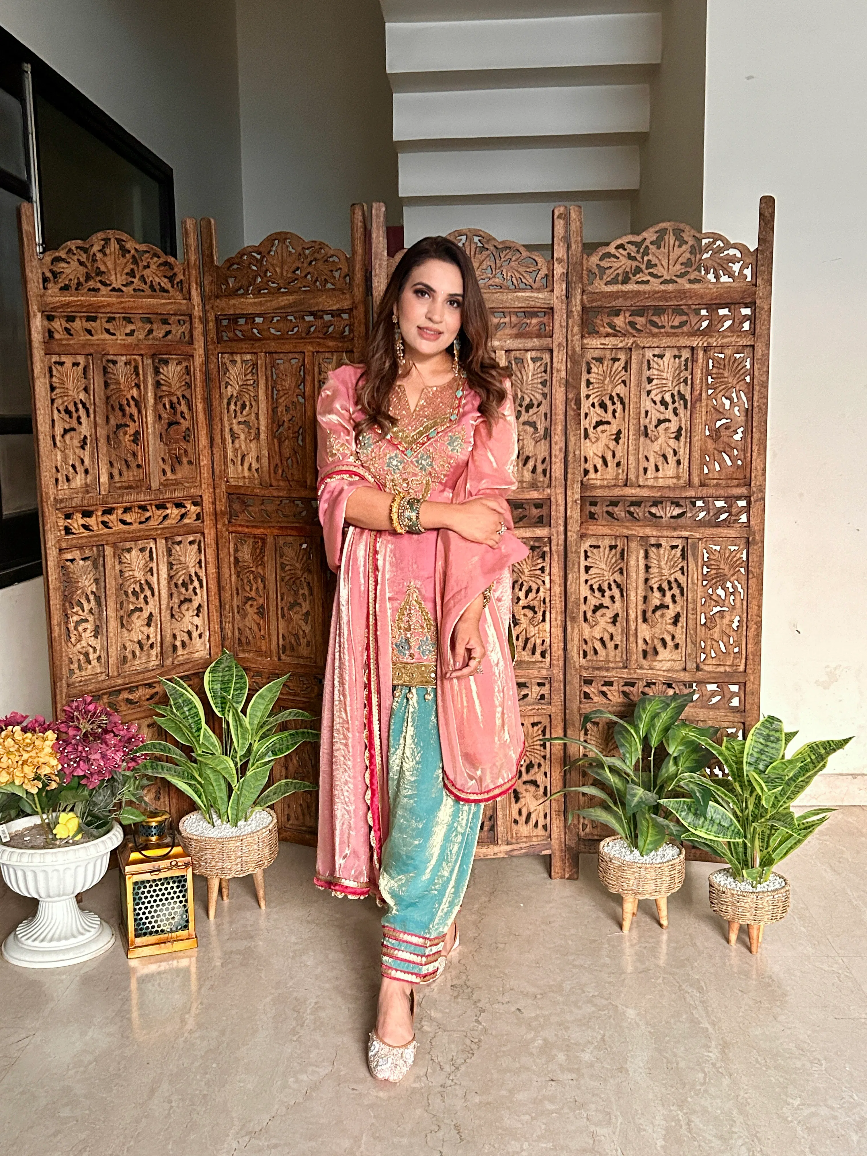 pink & aqua tissue silk handwork suit set