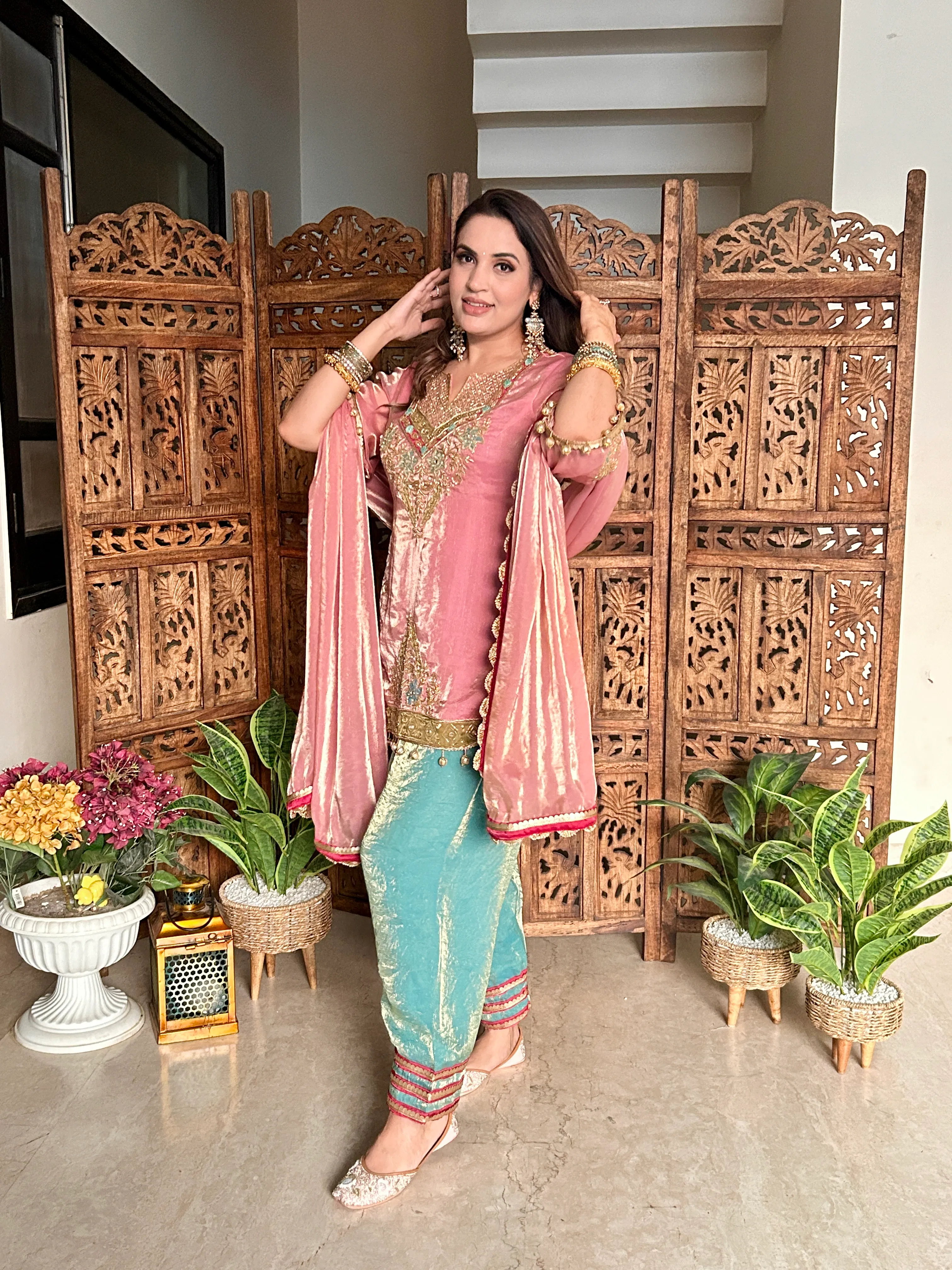pink & aqua tissue silk handwork suit set