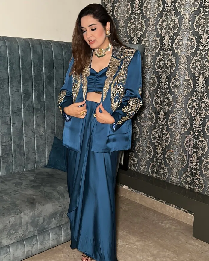 luxury imported satin 3 piece outfit with handworked blazer thumbnail 3