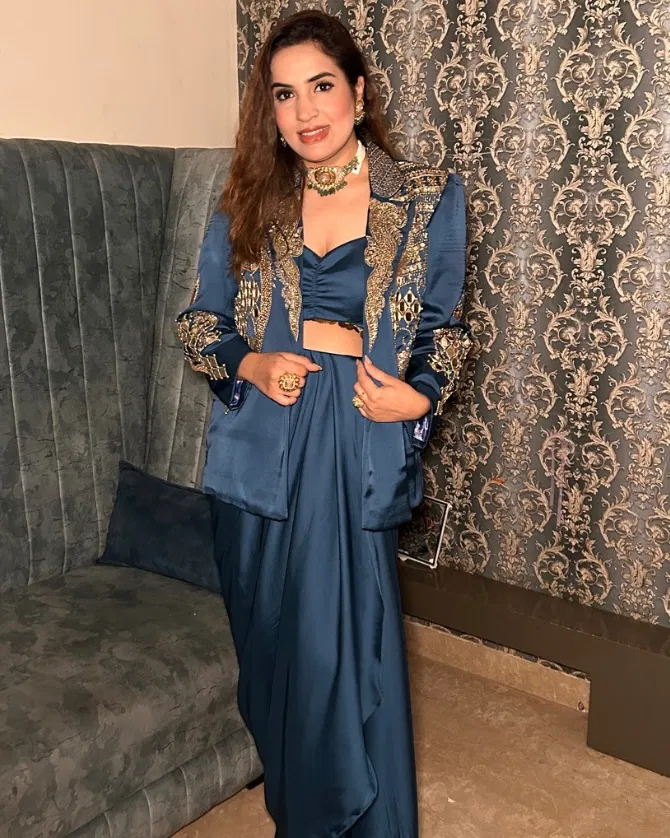 luxury imported satin 3 piece outfit with handworked blazer