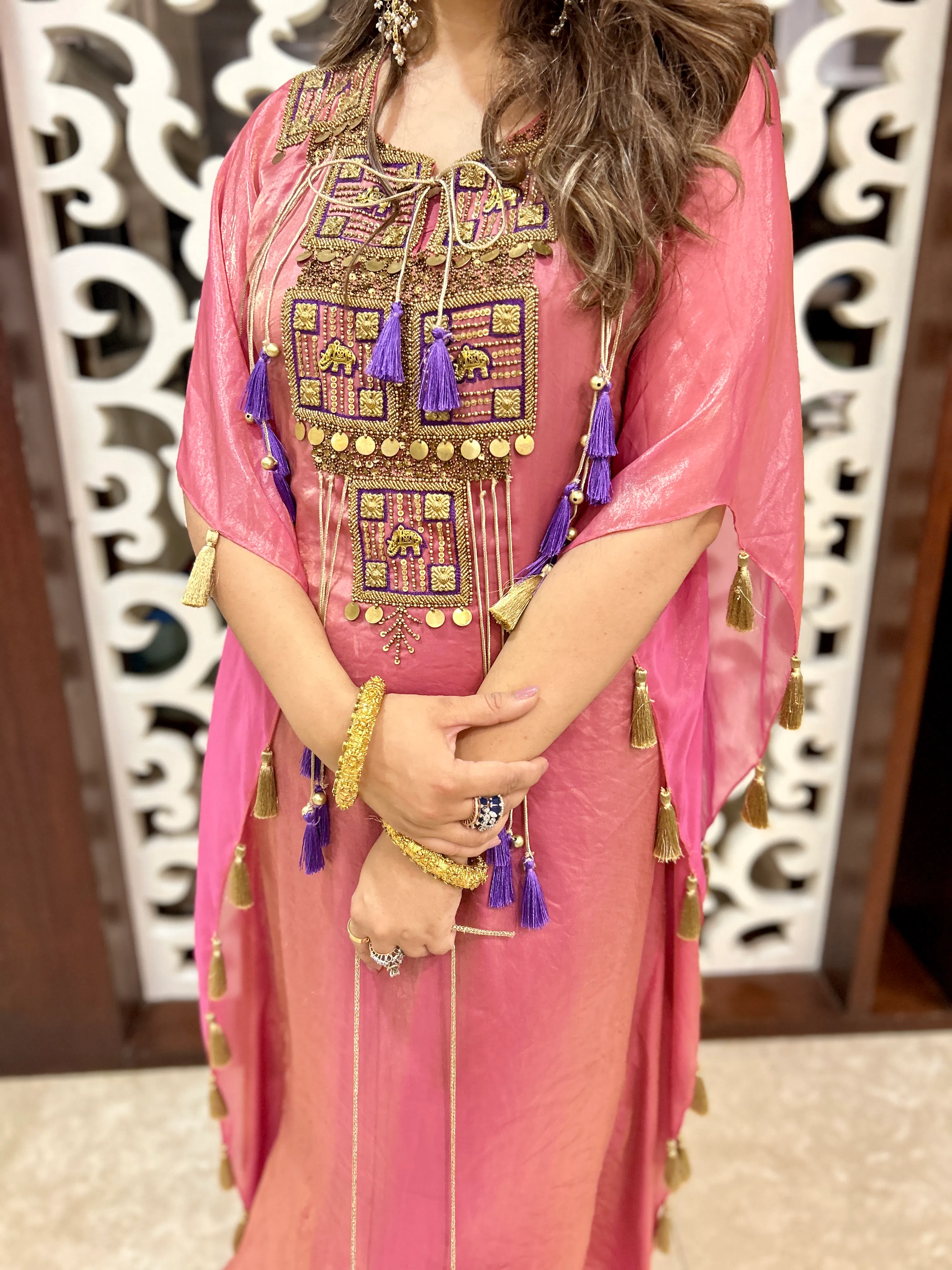 pink 3 piece kaftan set with handcrafted metal work & tassel